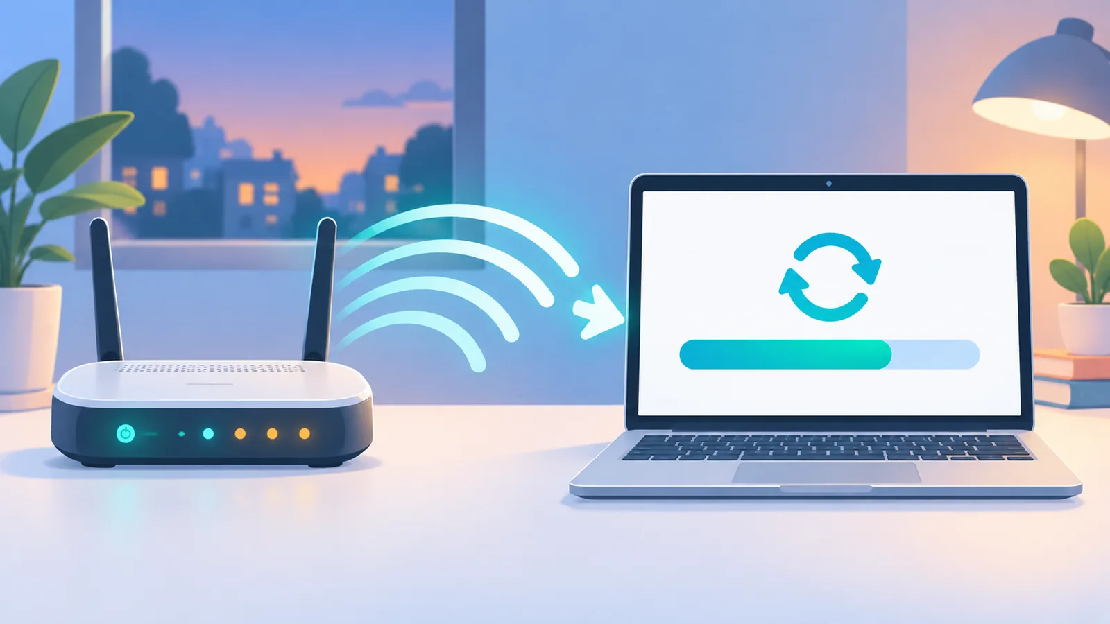 WLAN-Router neben Laptop mit Update-Fortschrittsbalken