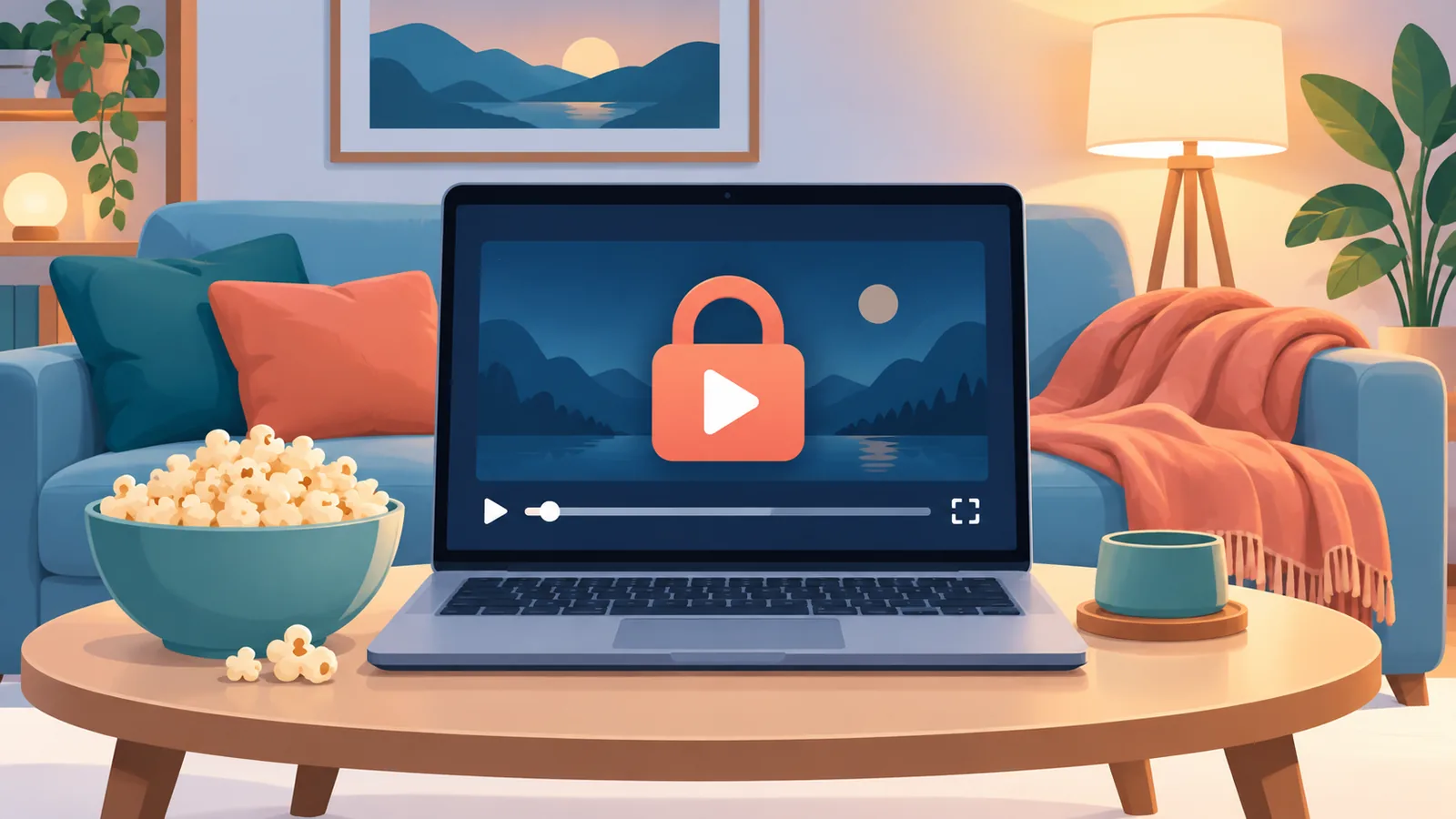 Laptop mit gesperrtem Videoplayer im Heimkino-Ambiente