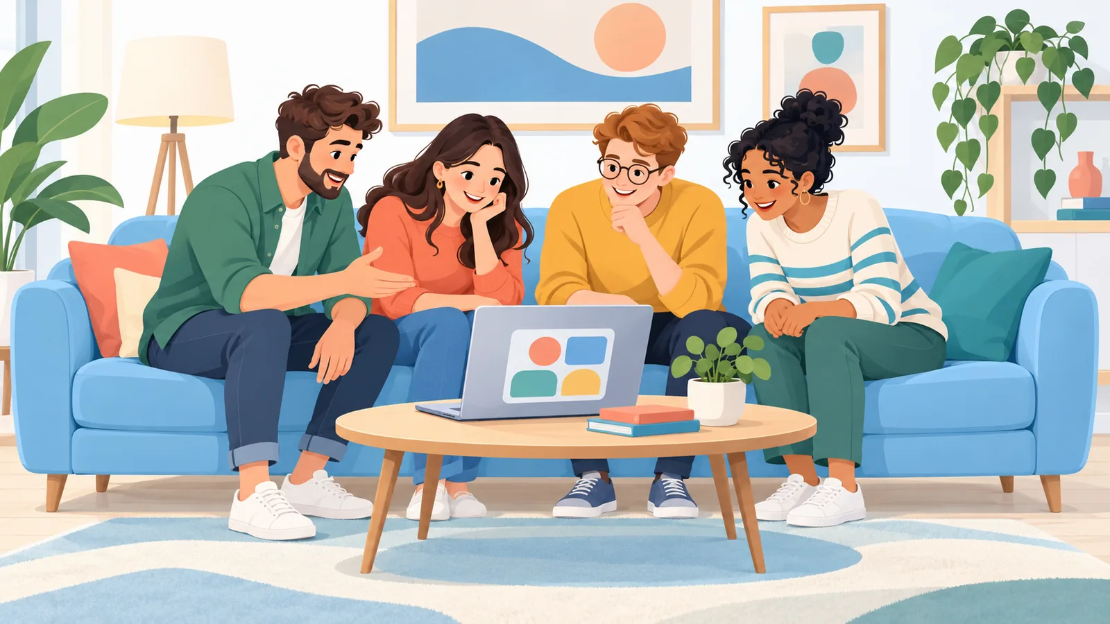 Freunde auf dem Sofa vor einem Laptop