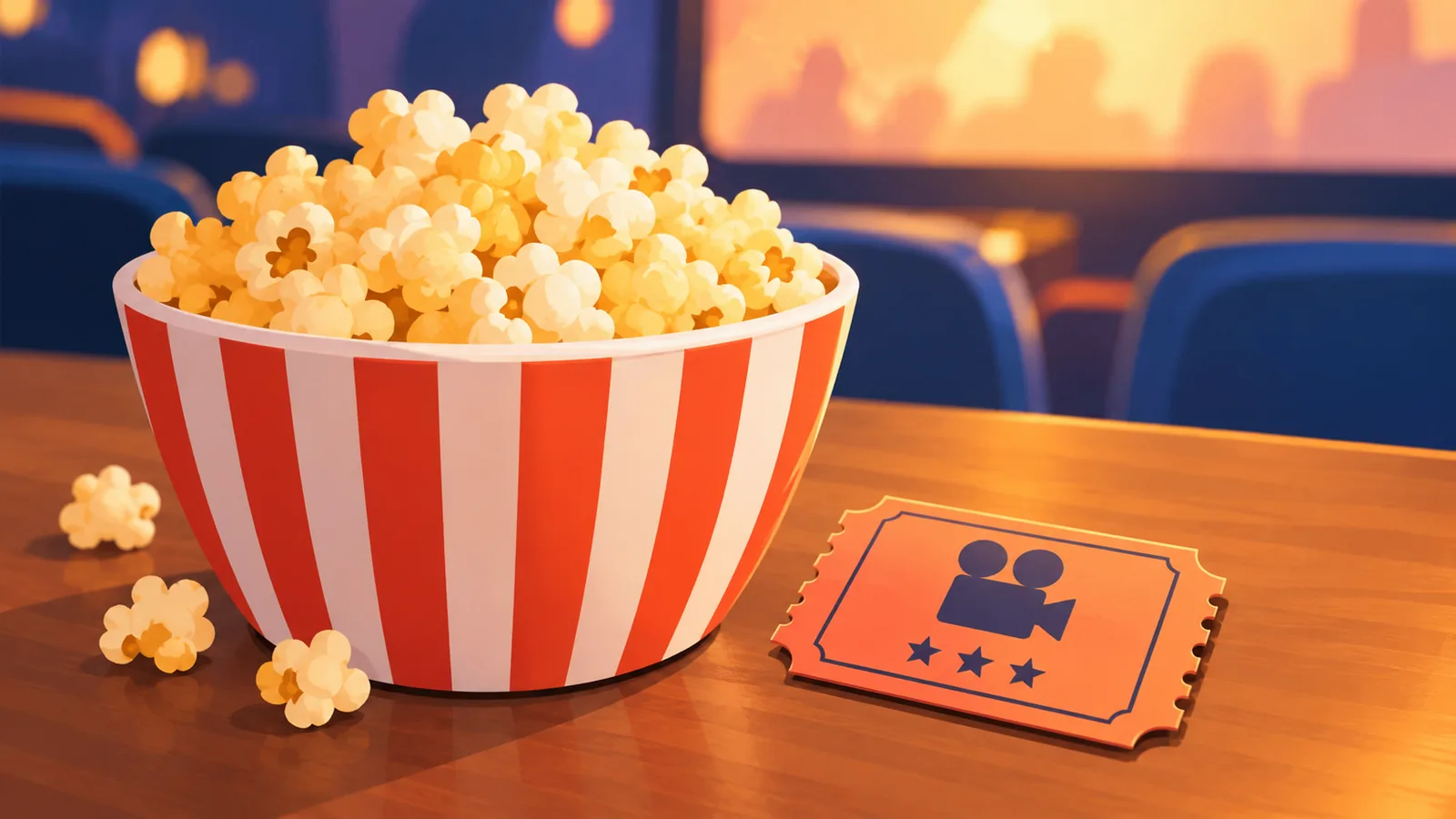 Schüssel mit frischem Popcorn neben einer Kinokarte