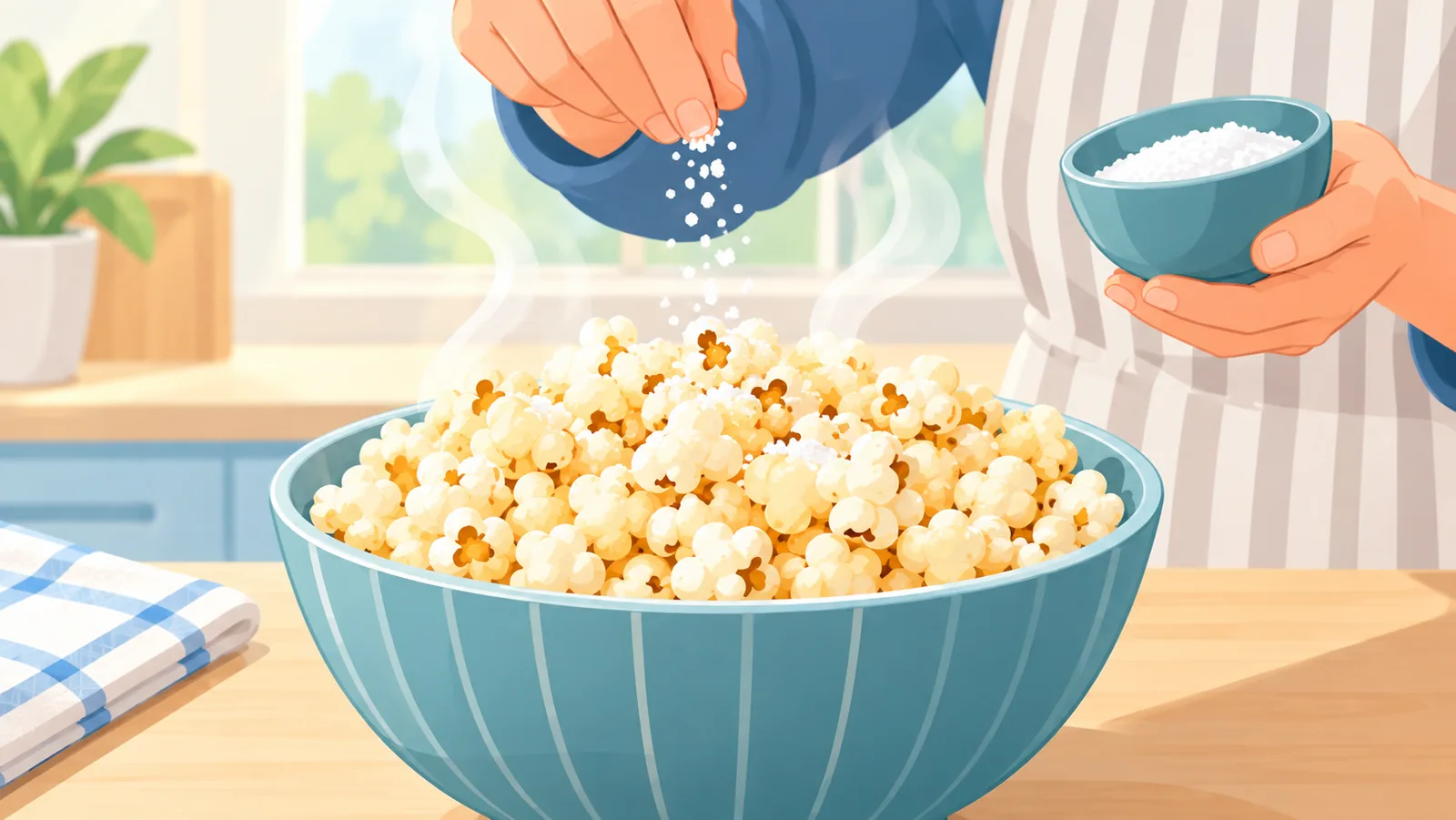 Feines Salz wird über heißes Popcorn gestreut