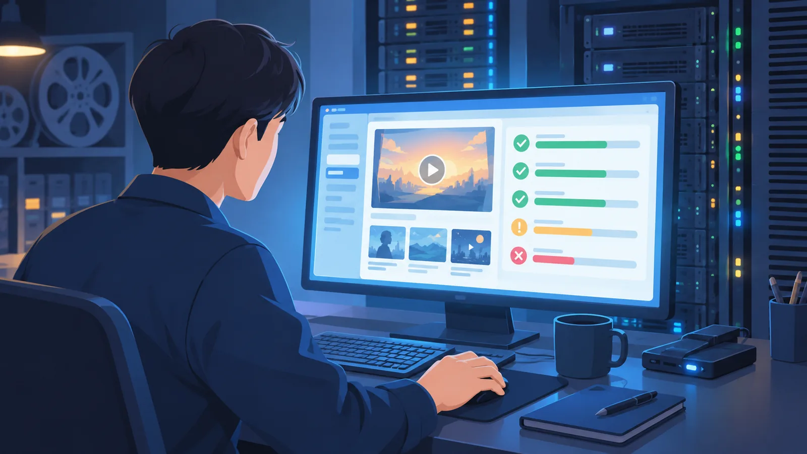 Techniker am Kinoserver prüft die Statusanzeige