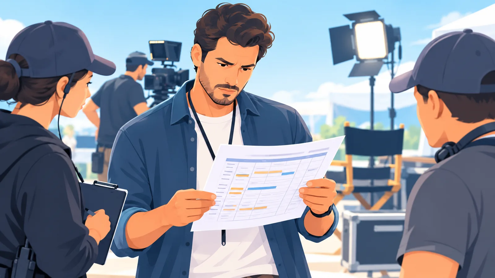 Produzentin bespricht auf einem Filmset mit dem Team den Drehplan