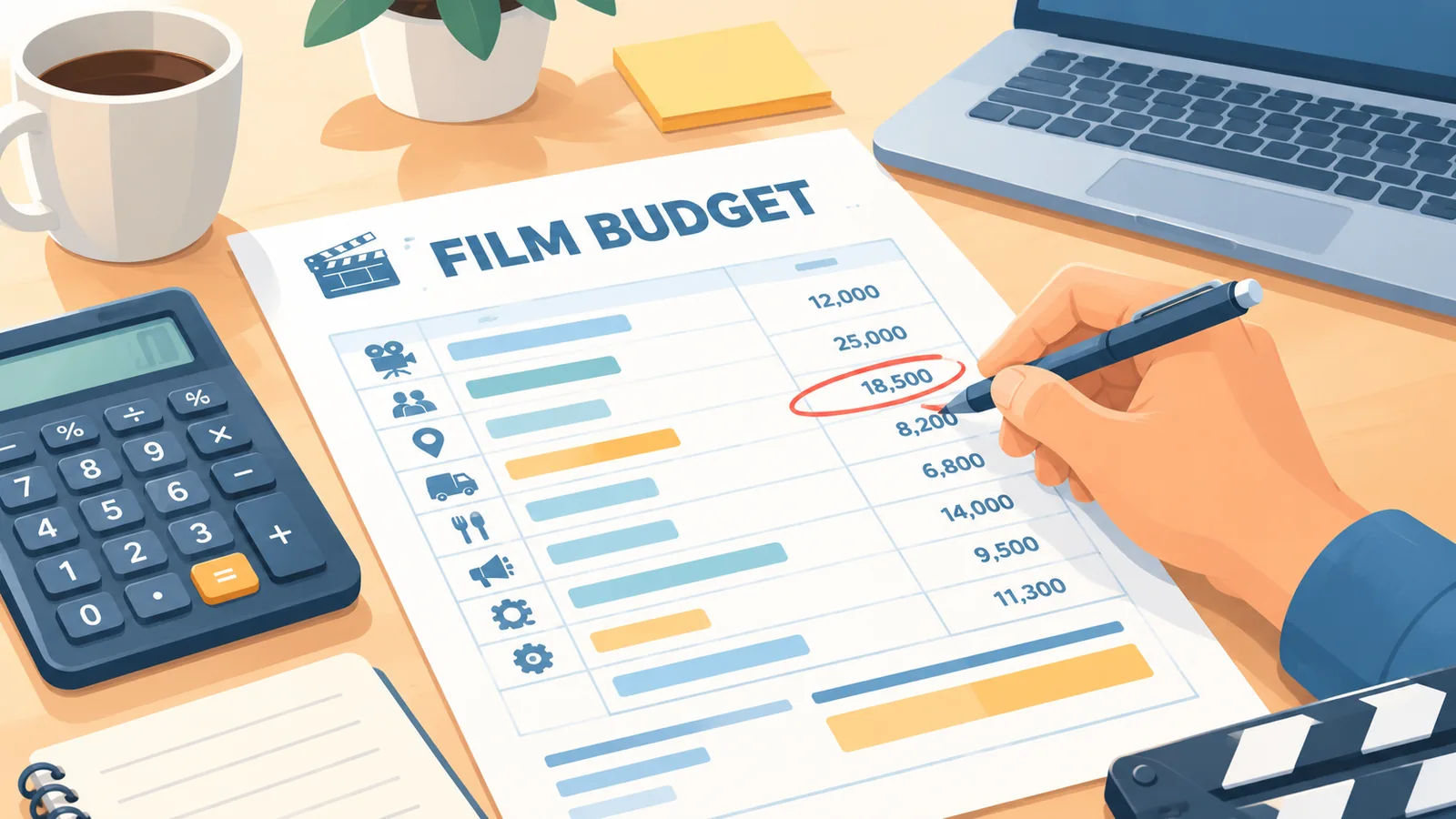 Kalkulation eines Filmbudgets auf Papier und Laptop