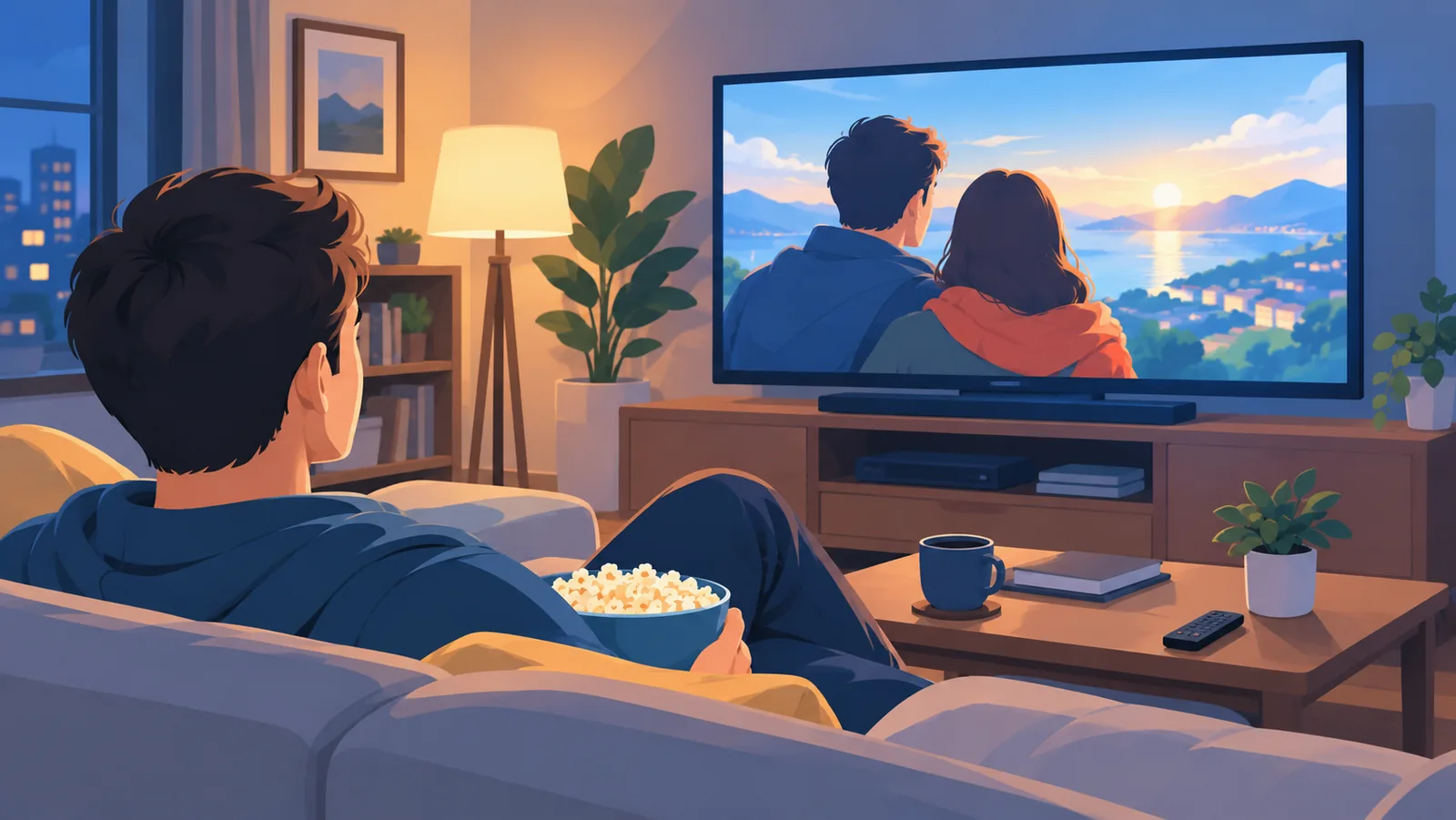 Person schaut auf dem Sofa einen Film auf einem Streaming-Gerät