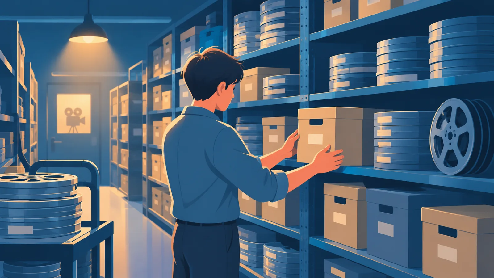 Regale mit Filmrollen in einem Archiv