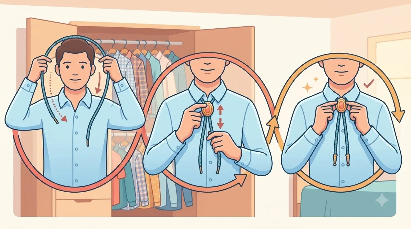 Bolo Tie mit geflochtener Lederschnur, Zierschieber und Metallspitzen auf einem Holztisch