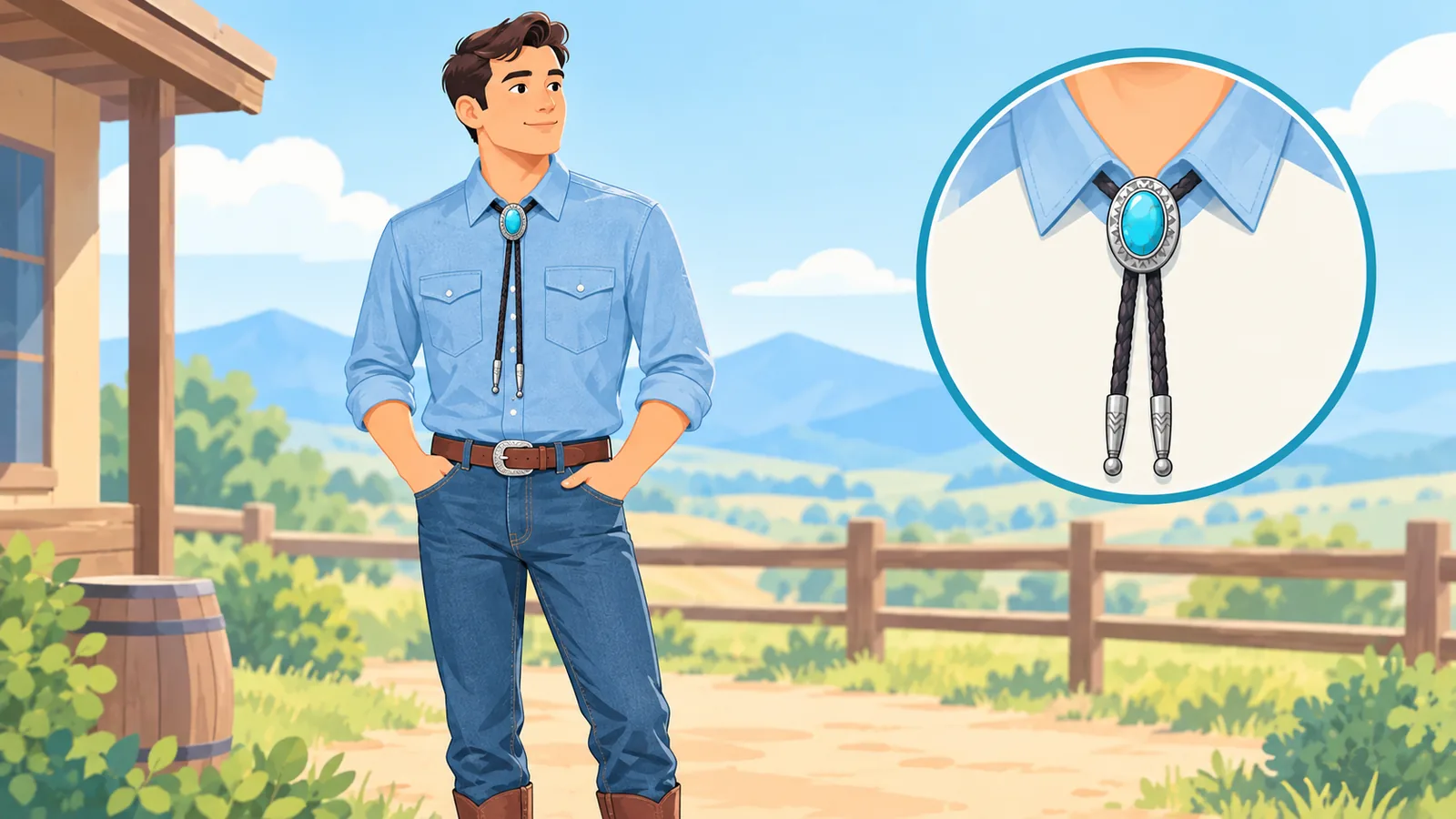 Mann in Chambray-Hemd, Jeans und Stiefeln mit Bolo Tie im Freien