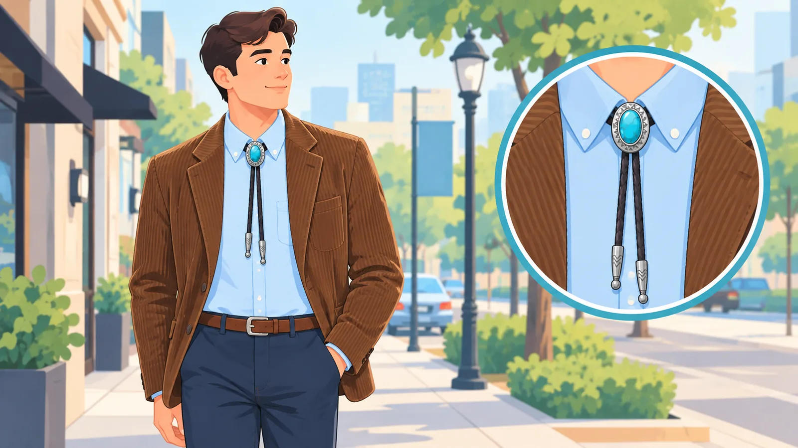 Mann in hellblauem Oxford-Hemd, dunkler Chino und Cord-Sakko mit Bolo Tie