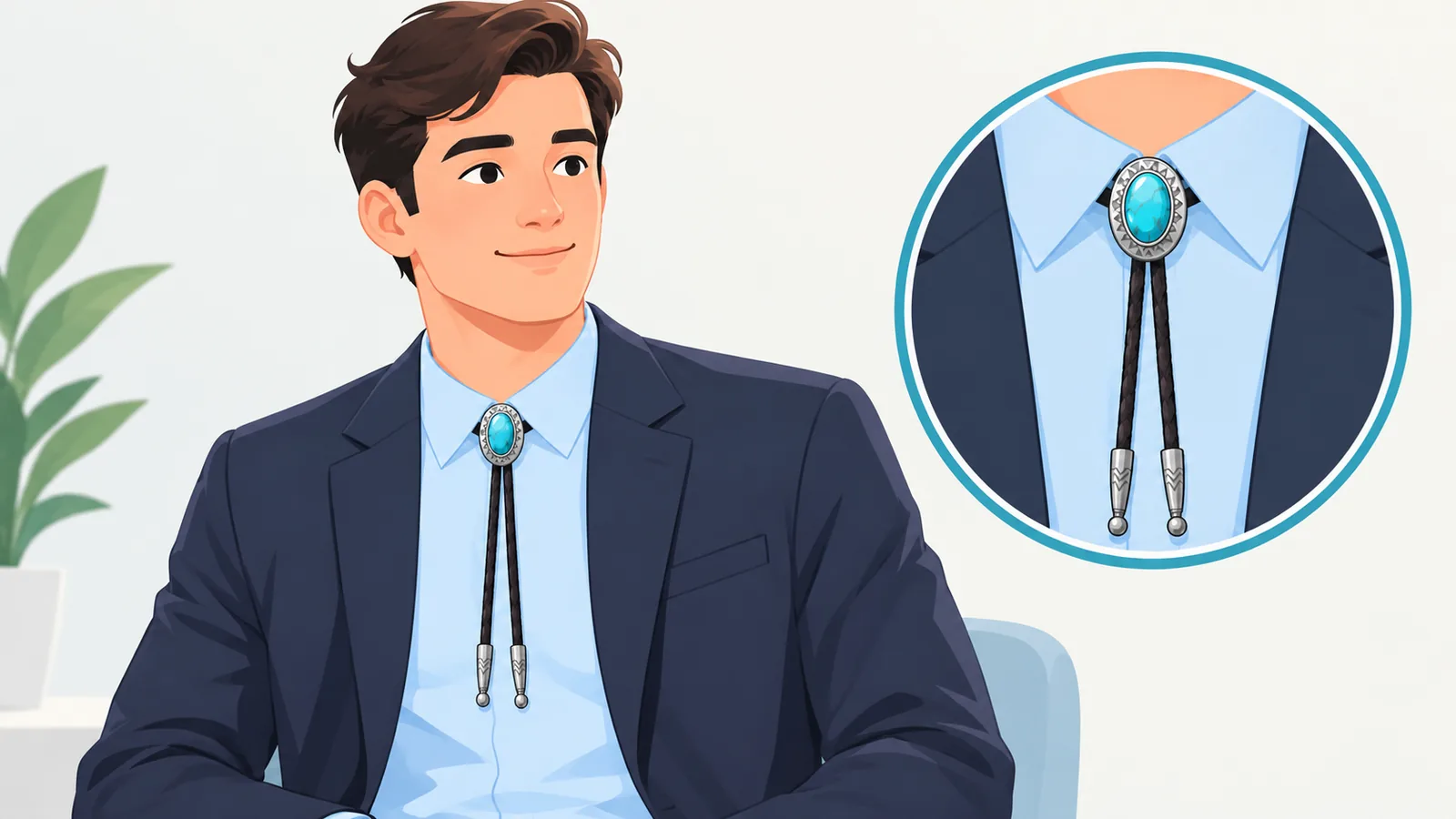 Mann im dunklen Anzug mit kleiner, schlichter Bolo Tie nah am Kragen