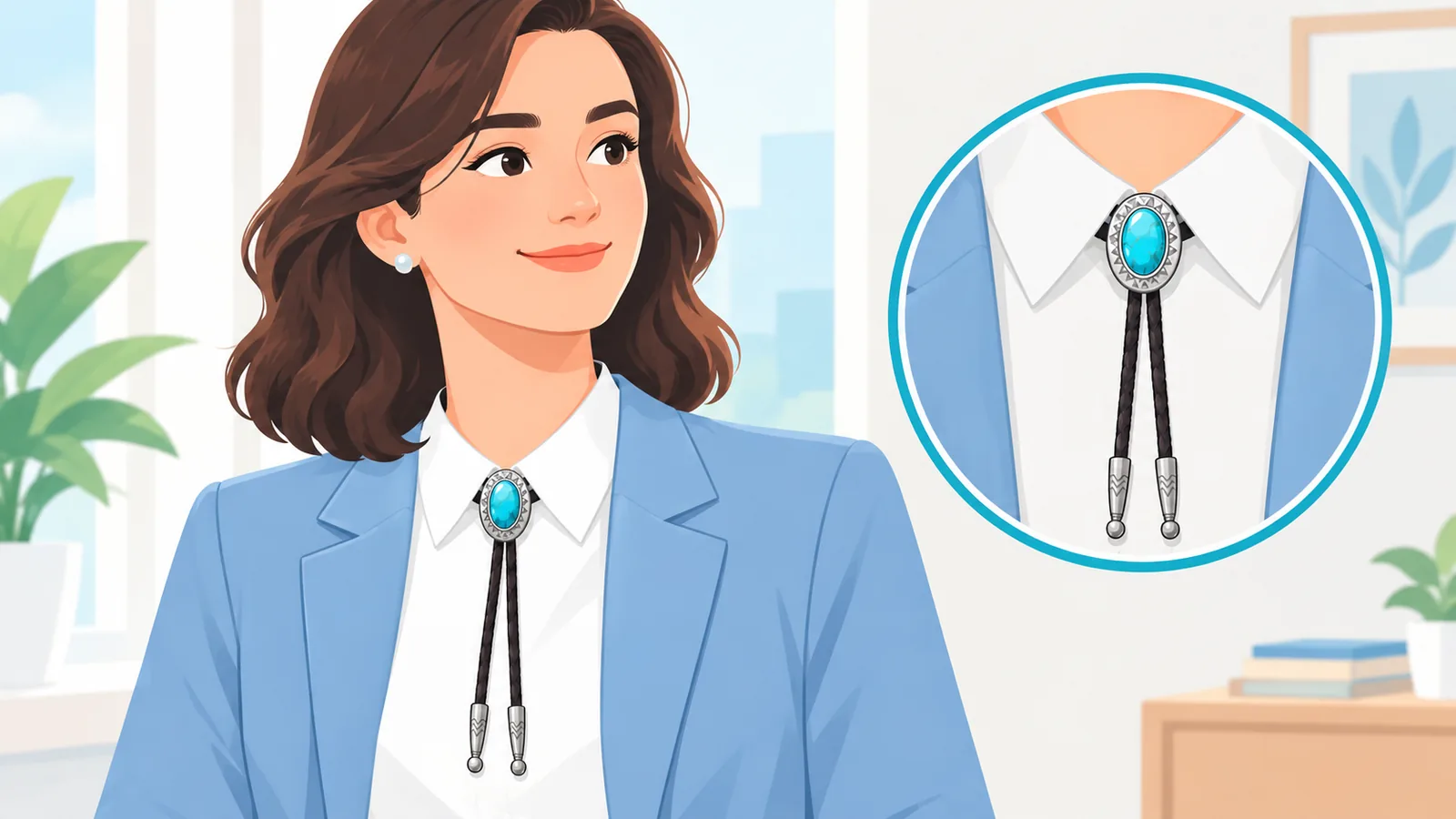Frau in weißer Bluse und Blazer mit Bolo Tie, Porträt in hellem Raum