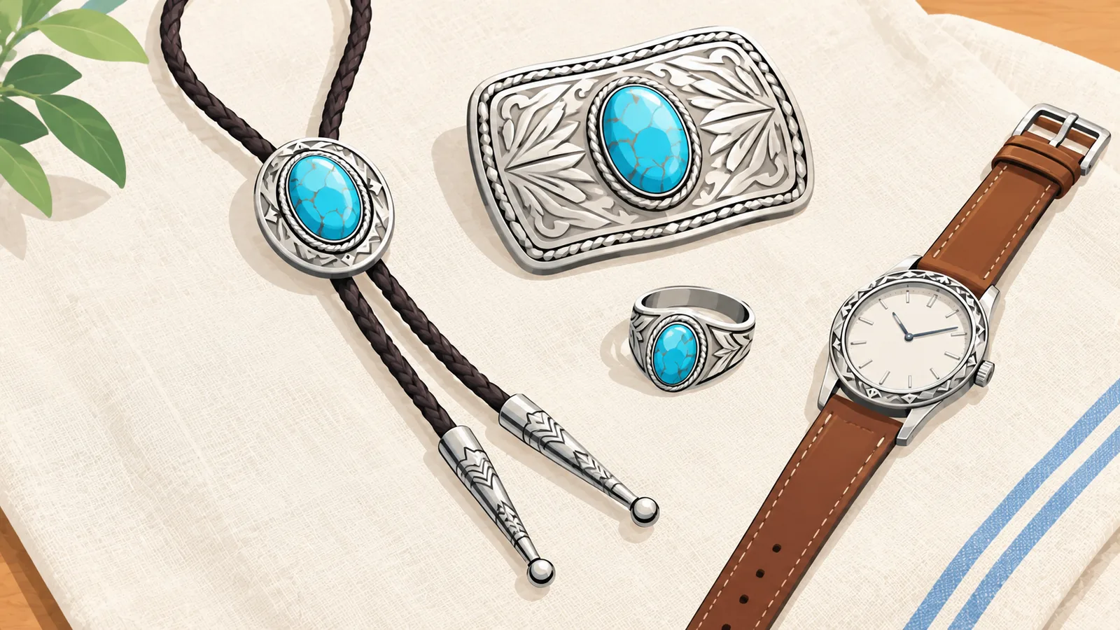Bolo Tie, Uhr, Gürtelschnalle und Ring in passenden Metalltönen auf Leinen