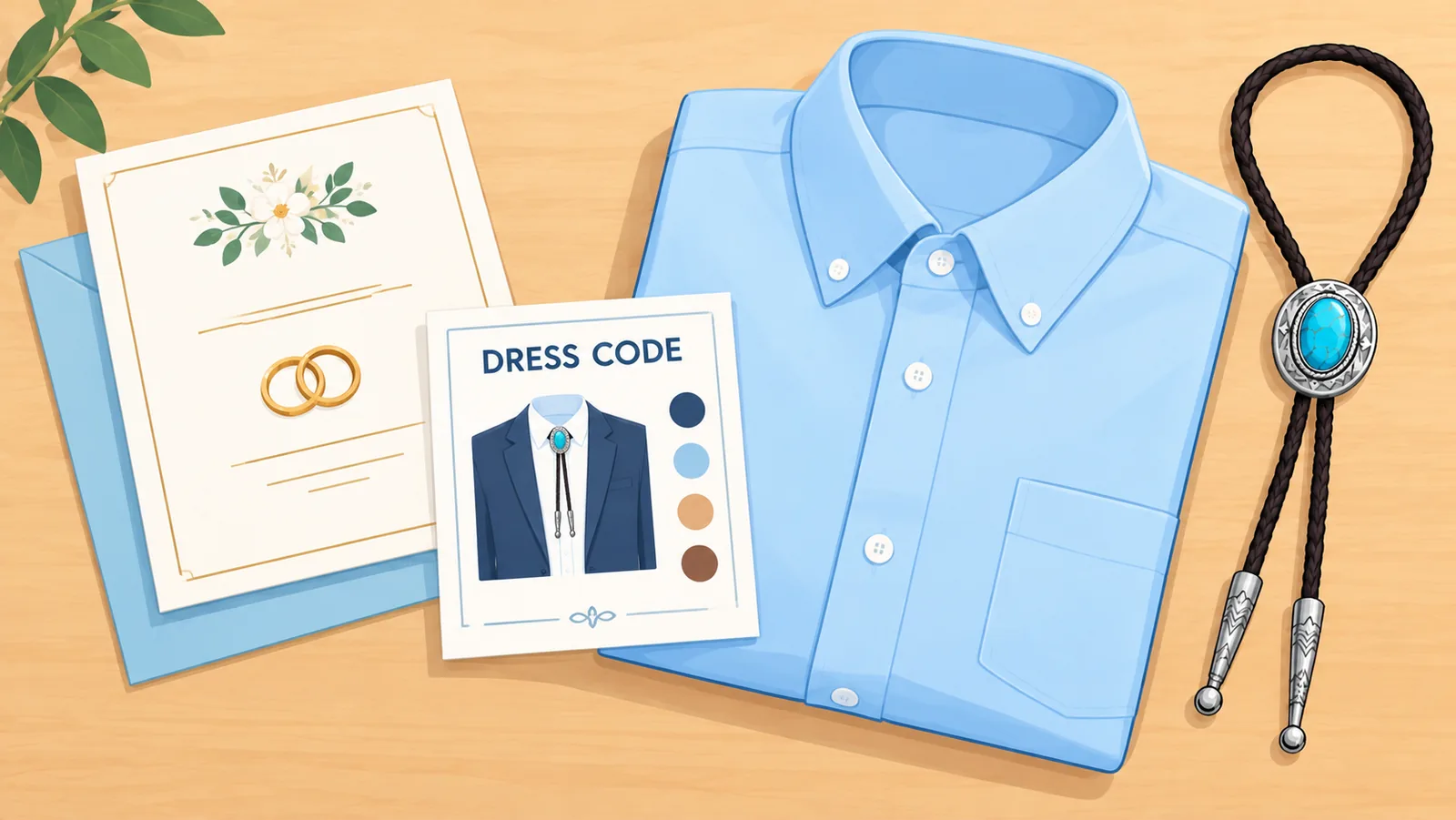 Einladung mit Dresscode neben gefaltetem Hemd und Bolo Tie, Draufsicht
