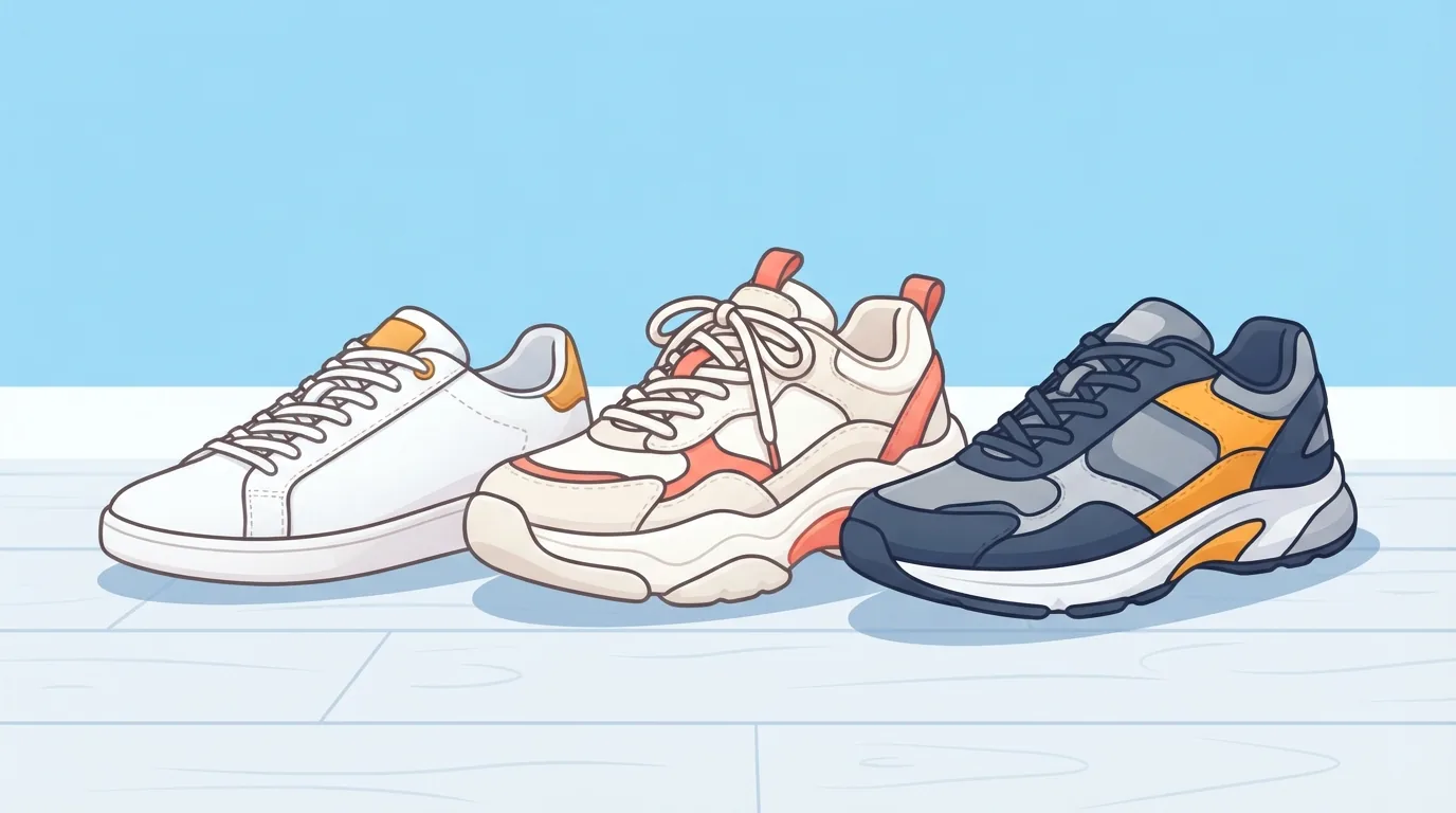 Drei Damen-Sneaker in schlanker, klobiger und sportlicher Silhouette nebeneinander