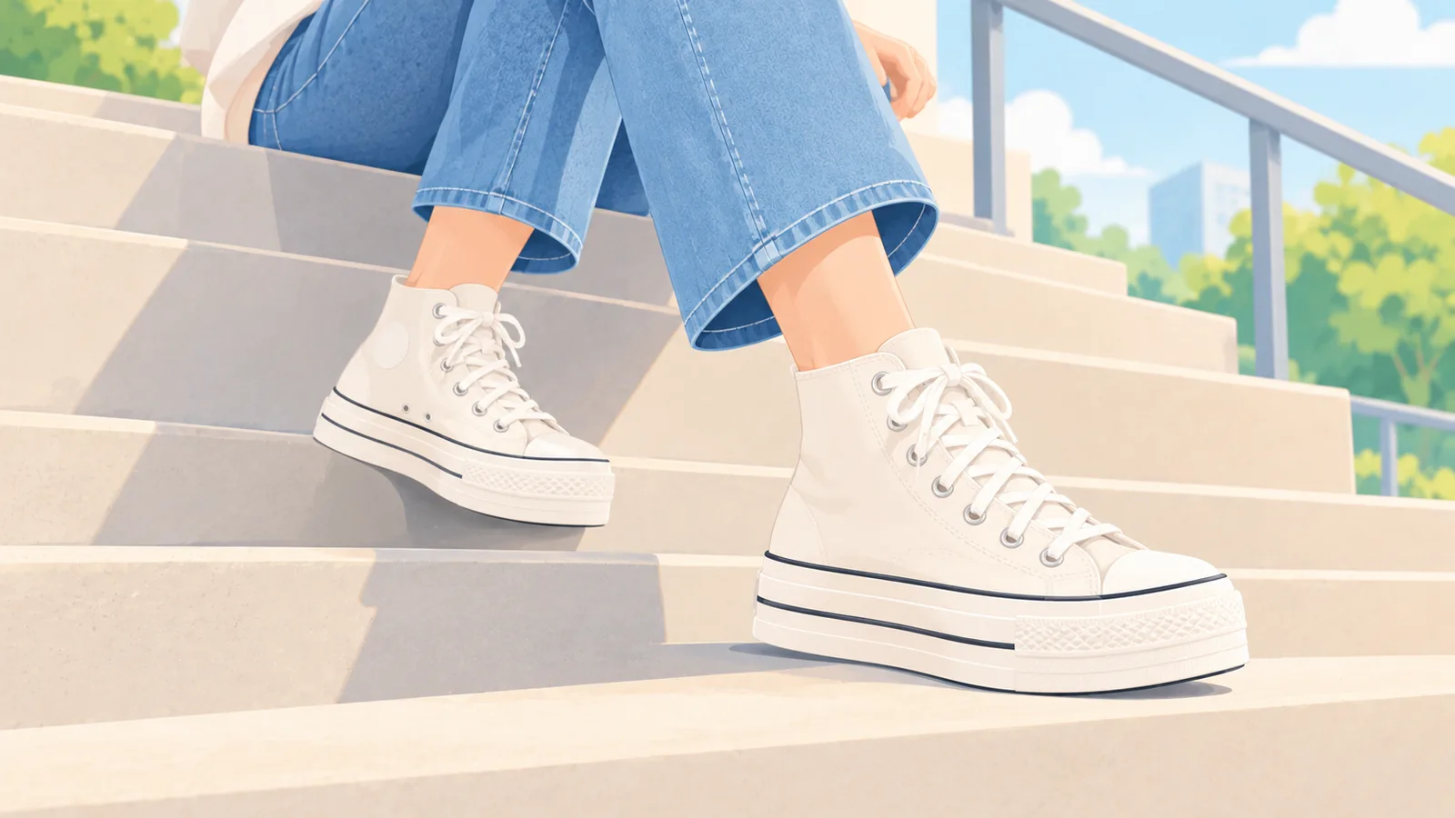 Canvas-Plateau-Sneaker mit Mom-Jeans auf einer sonnigen Treppe
