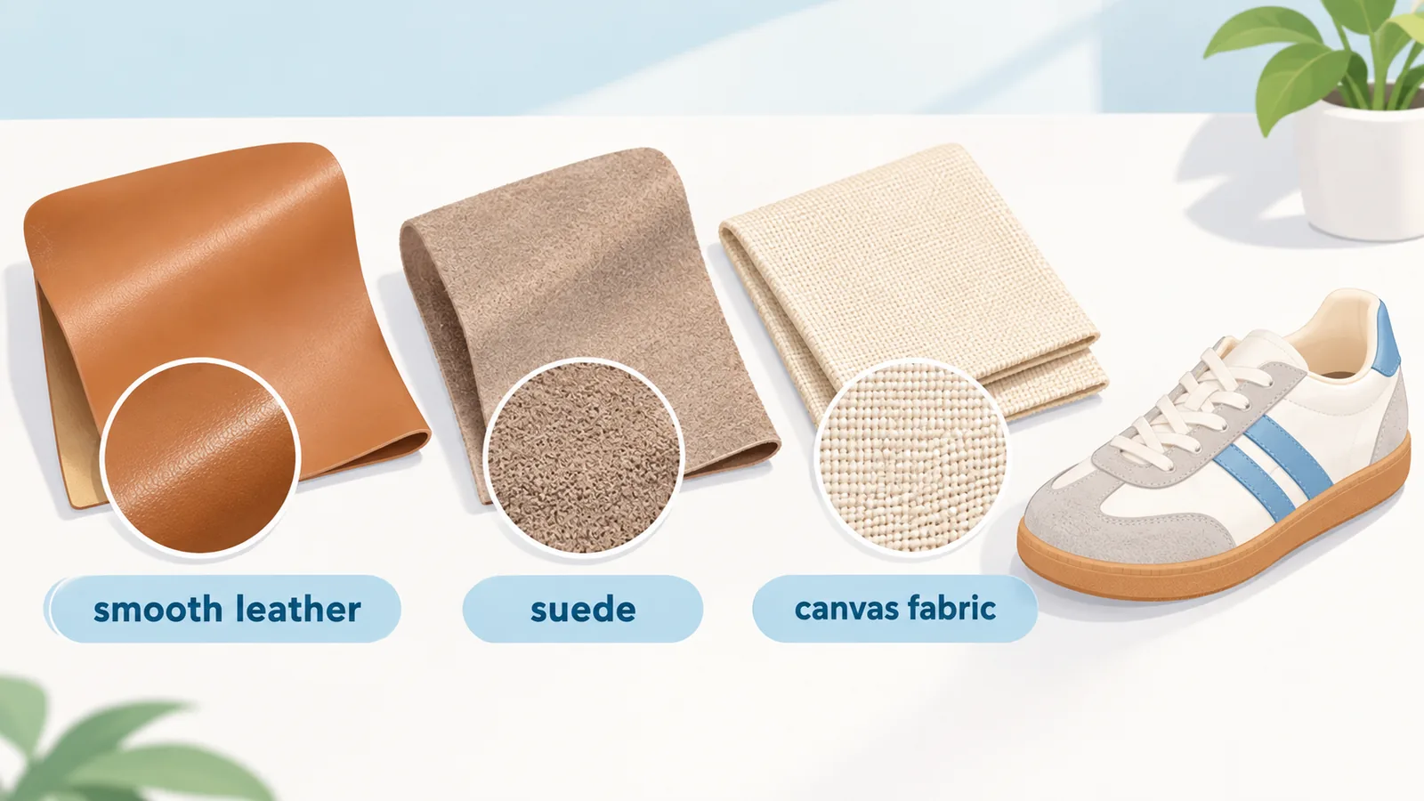 Materialmuster aus Leder, Wildleder und Canvas neben einem Sneaker