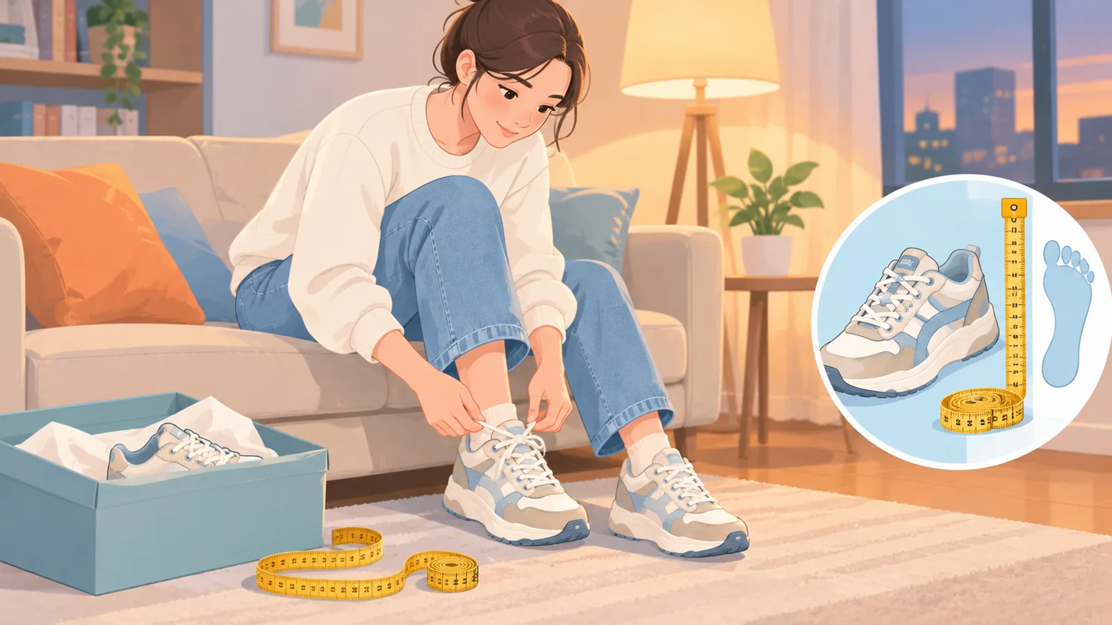 Frau probiert zu Hause am Abend neue Sneaker an