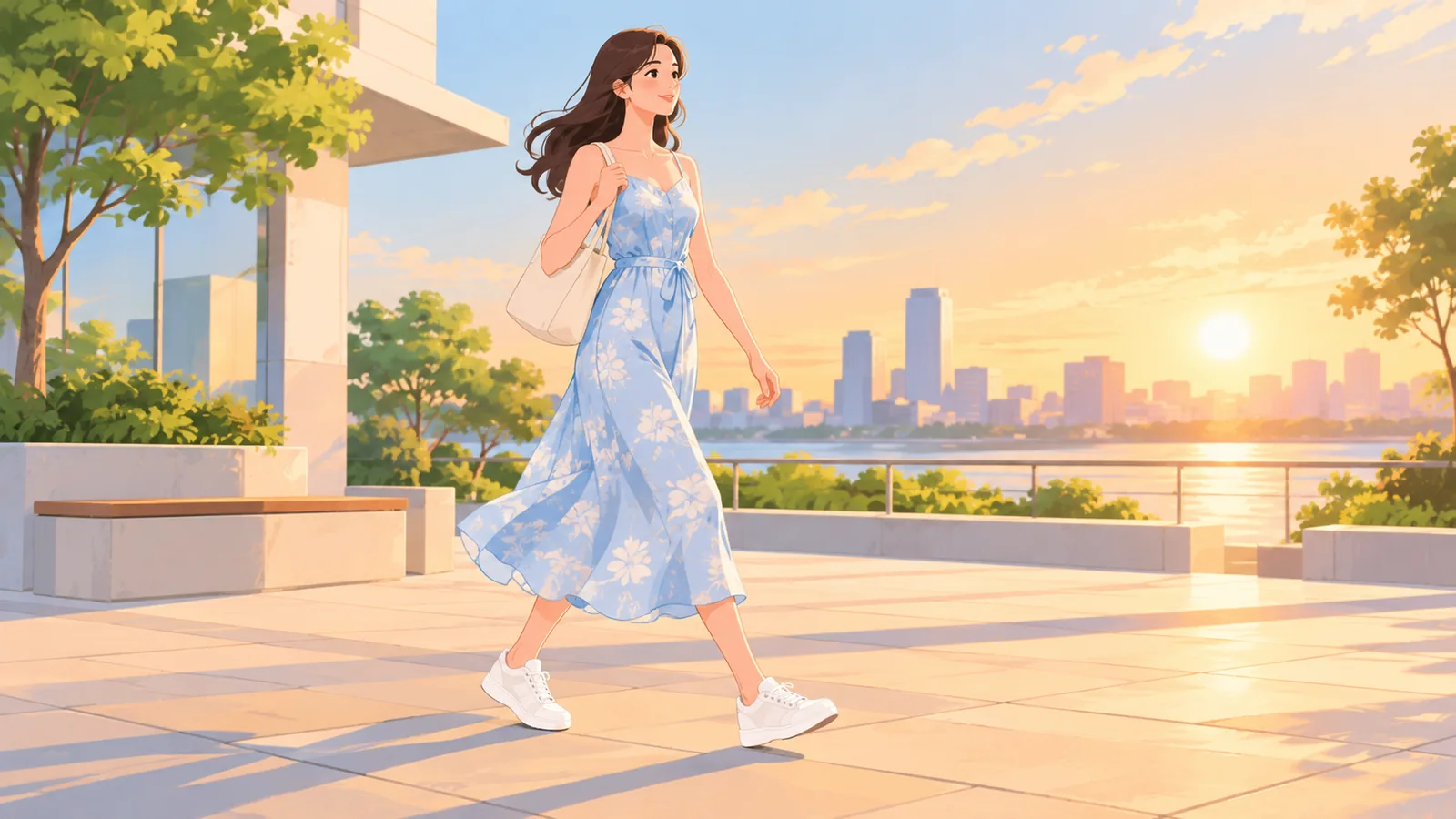 Frau in Sommerkleid und Sneakern auf einem sonnigen Platz