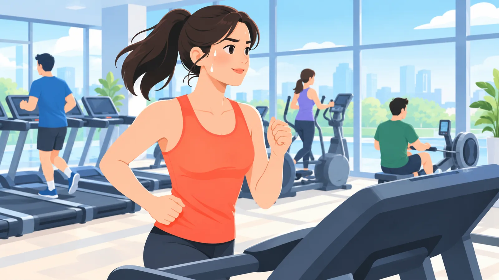 Heller Cardiobereich im Fitnessstudio mit Laufbändern, Crosstrainern und Rudergeräten