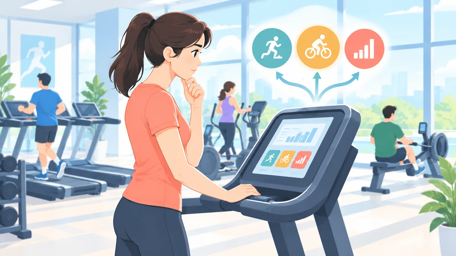 Person im Fitnessstudio überlegt, welches Cardiogerät sie wählt