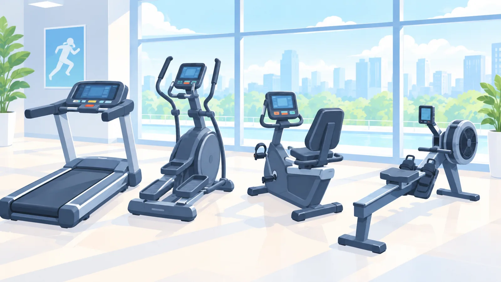 Laufband, Crosstrainer, Liegeergometer und Rudergerät nebeneinander im Studio