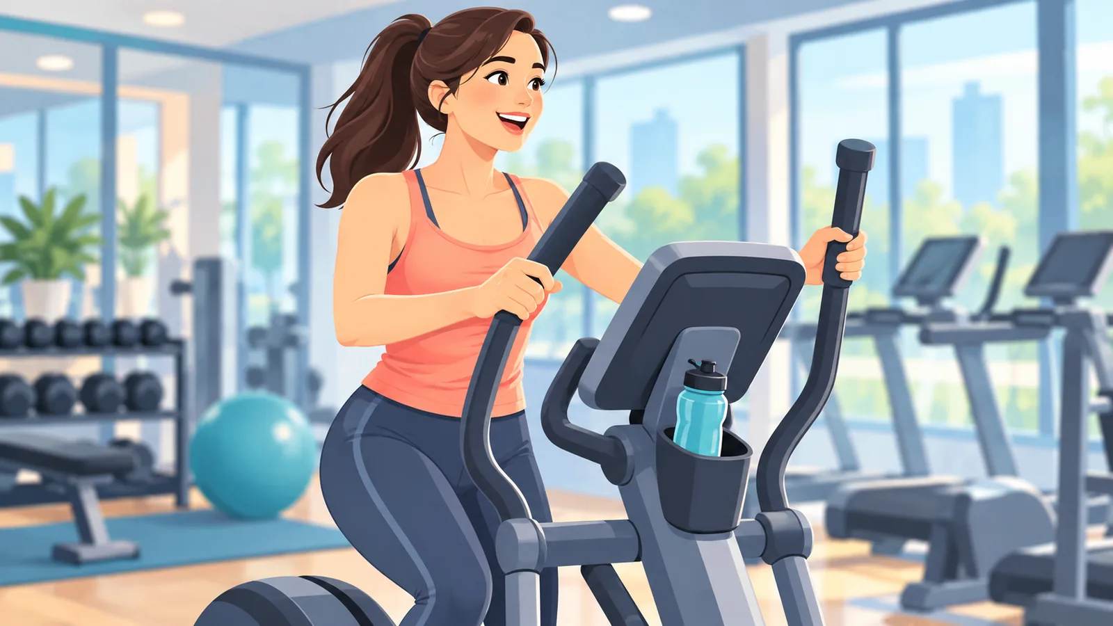 Frau trainiert auf dem Crosstrainer in moderatem Tempo und kann sich dabei unterhalten