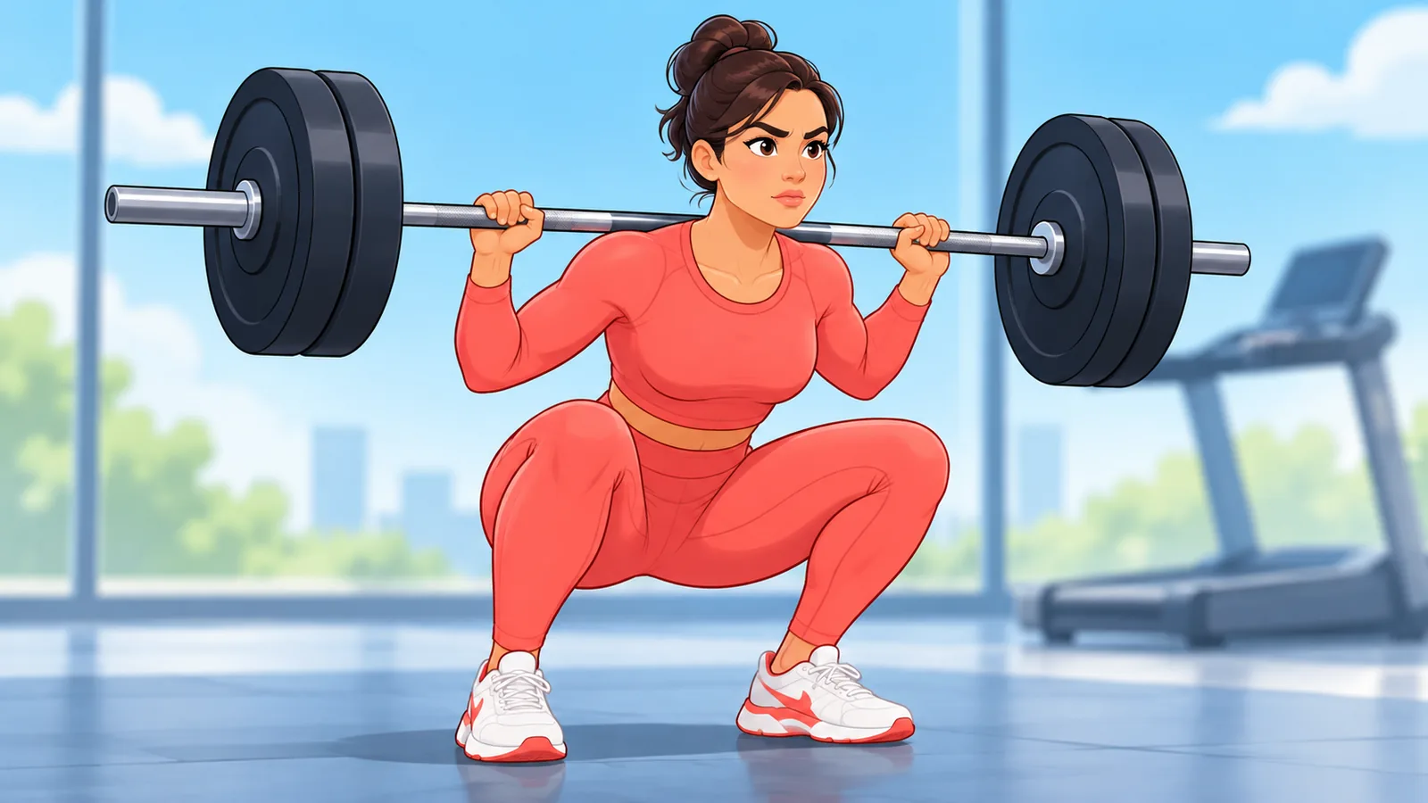 Person beim Kniebeugen mit Langhantel im Fitnessstudio, im Hintergrund ein Laufband