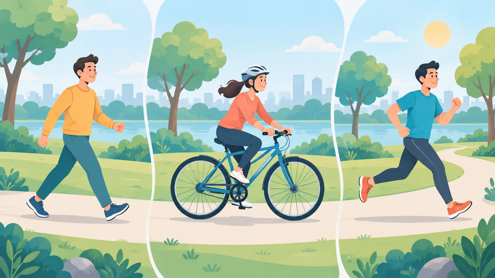 Gehen, Radfahren und Laufen auf einem Parkweg im Morgenlicht