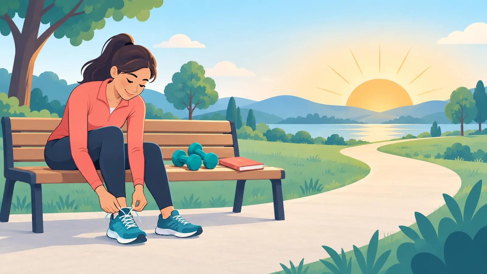 Person schnürt bei Sonnenaufgang Laufschuhe, daneben Hanteln und Notizbuch