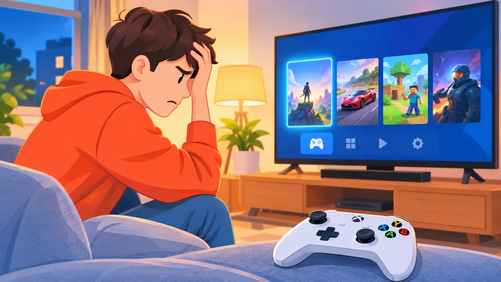 Controller und Fernseher mit Spieleauswahl