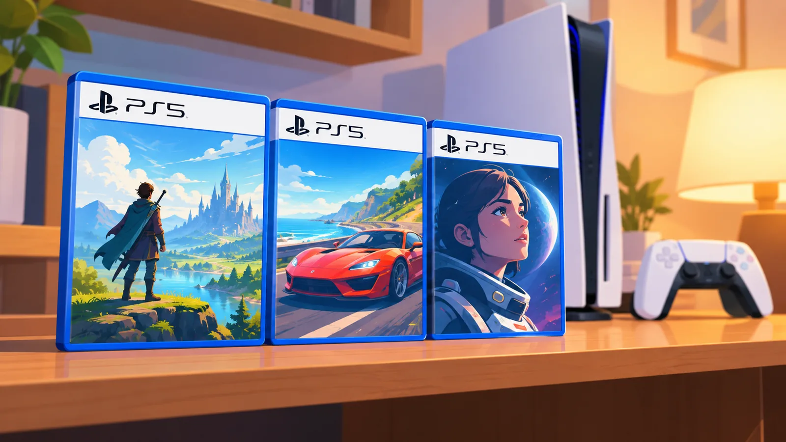 Drei PS5-Spielehüllen nebeneinander auf einem Regal