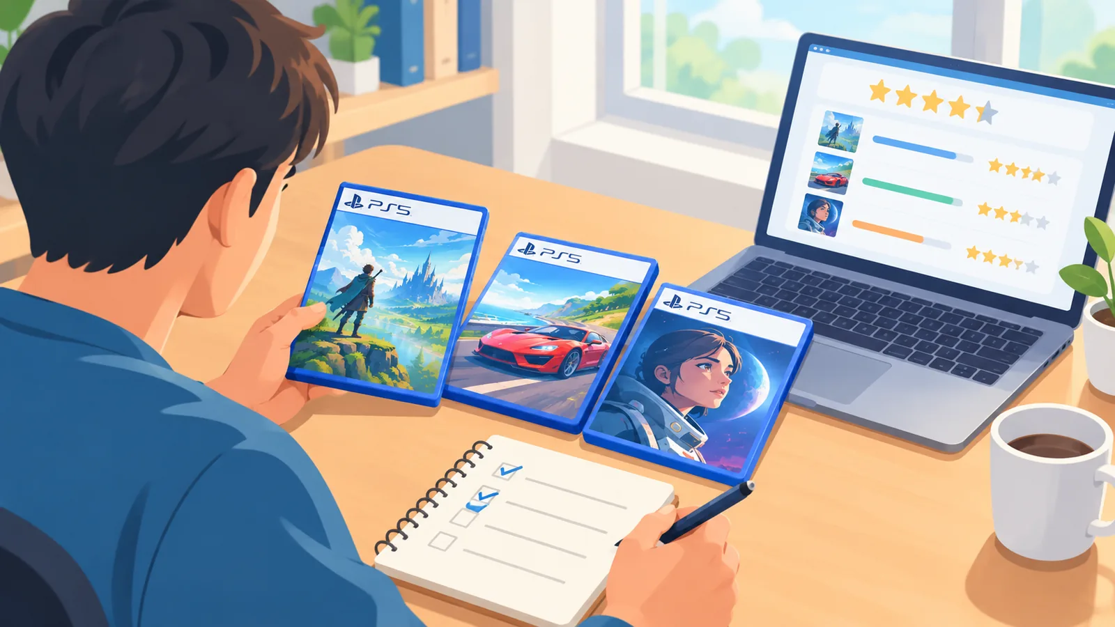 Person vergleicht PS5-Spiele mit Notizblock und Laptop