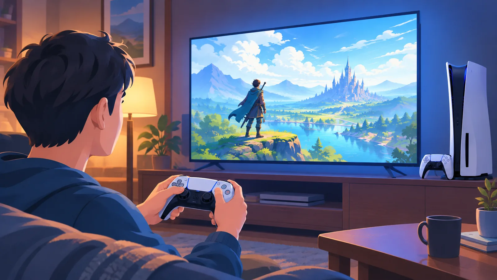 Spieler mit PS5-Controller vor einem Fernseher mit Open-World-Landschaft