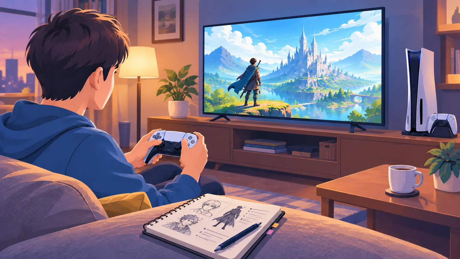 Spieler beim Rollenspiel auf dem Sofa mit Notizen