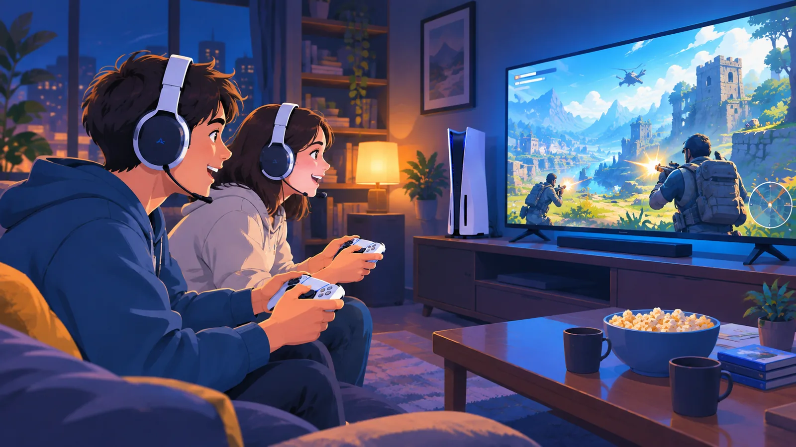 Zwei Freunde spielen mit Headsets einen Koop-Shooter