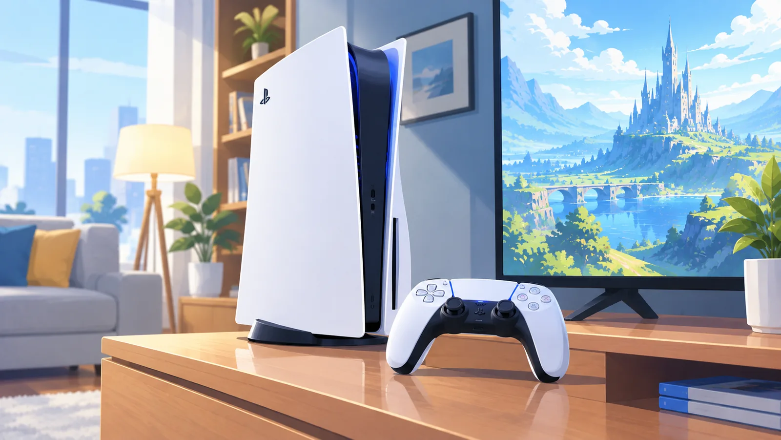 Weiße PS5-Konsole mit Controller auf einem TV-Board