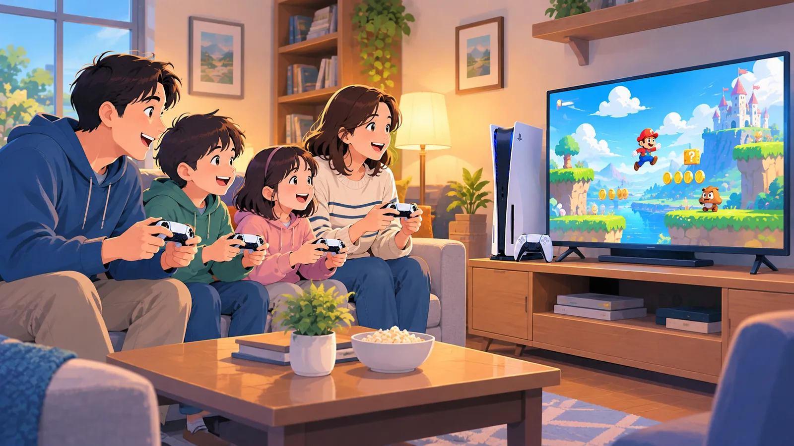Familie spielt gemeinsam auf dem Sofa an der PS5