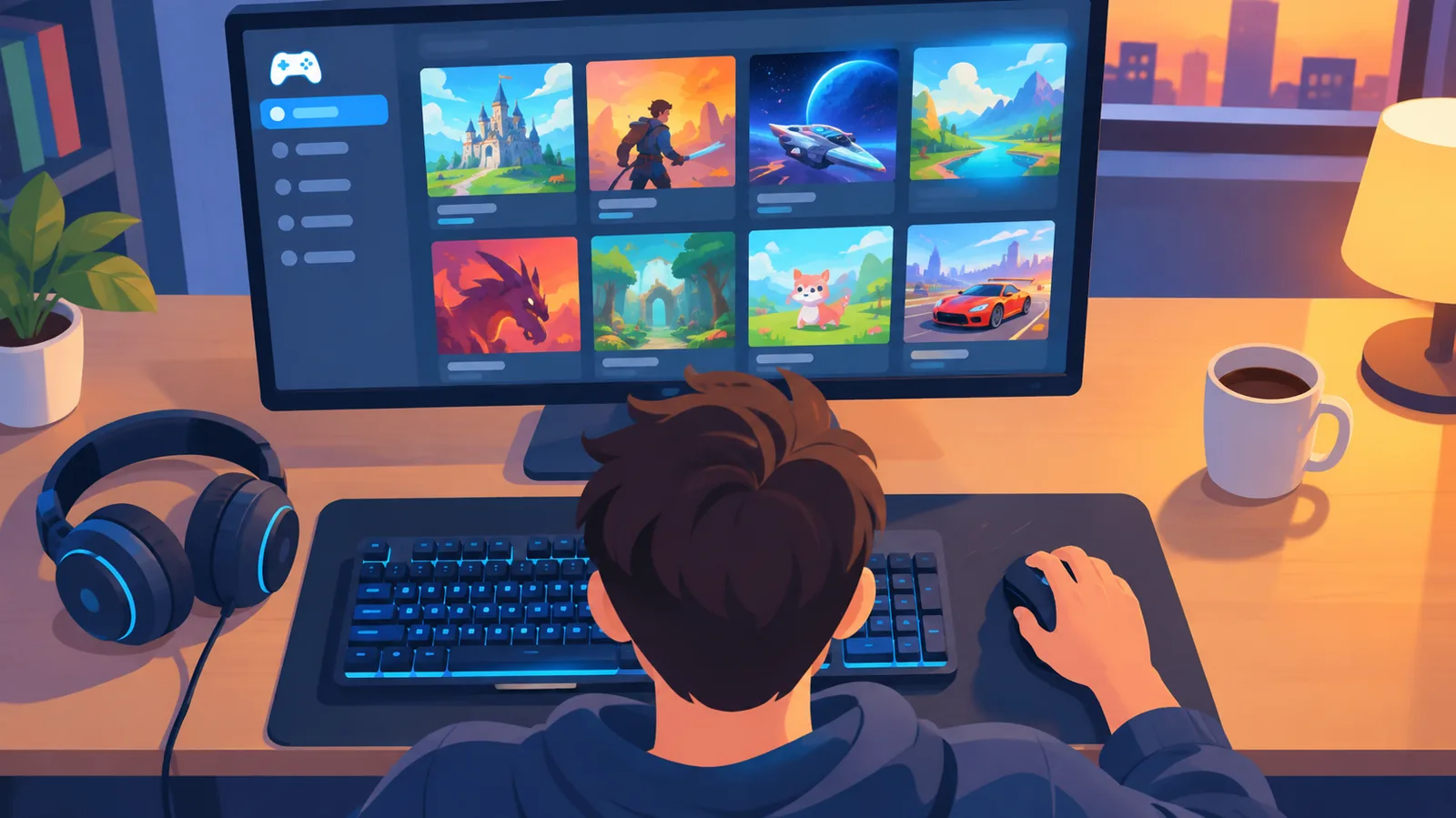 Schreibtisch mit Gaming-Monitor und Spielebibliothek, daneben Maus und Kopfhörer