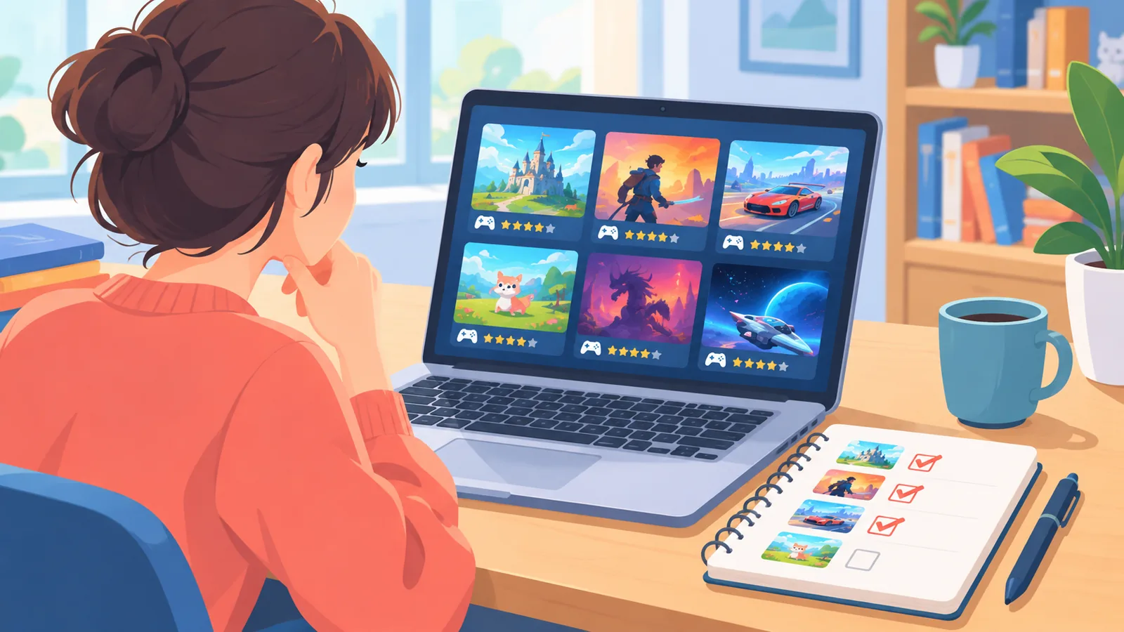 Person vergleicht Spiele am Laptop mit einer Checkliste auf dem Notizblock