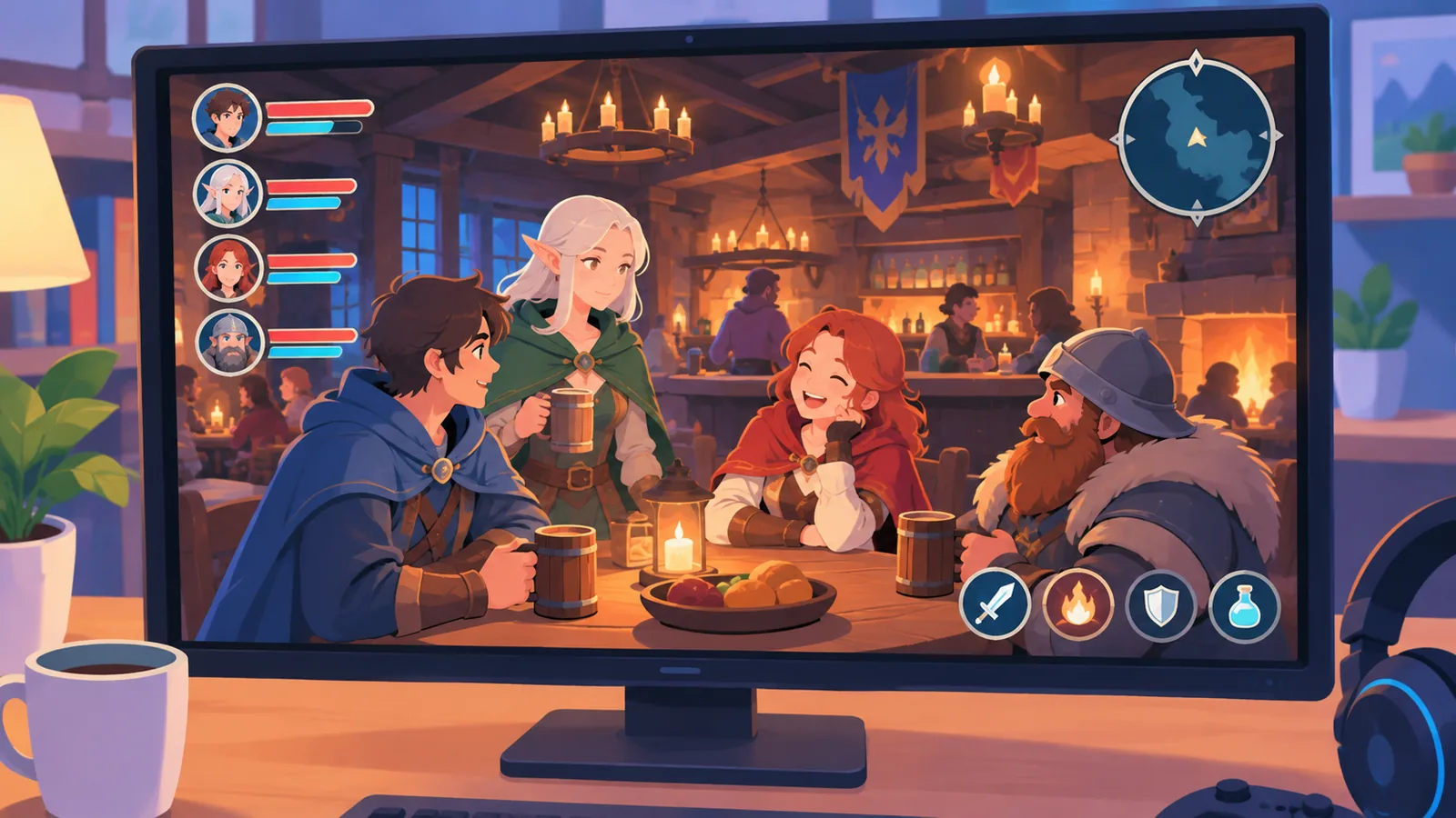 Monitor mit einer Rollenspielszene, in der eine Abenteurergruppe in einer Taverne sitzt