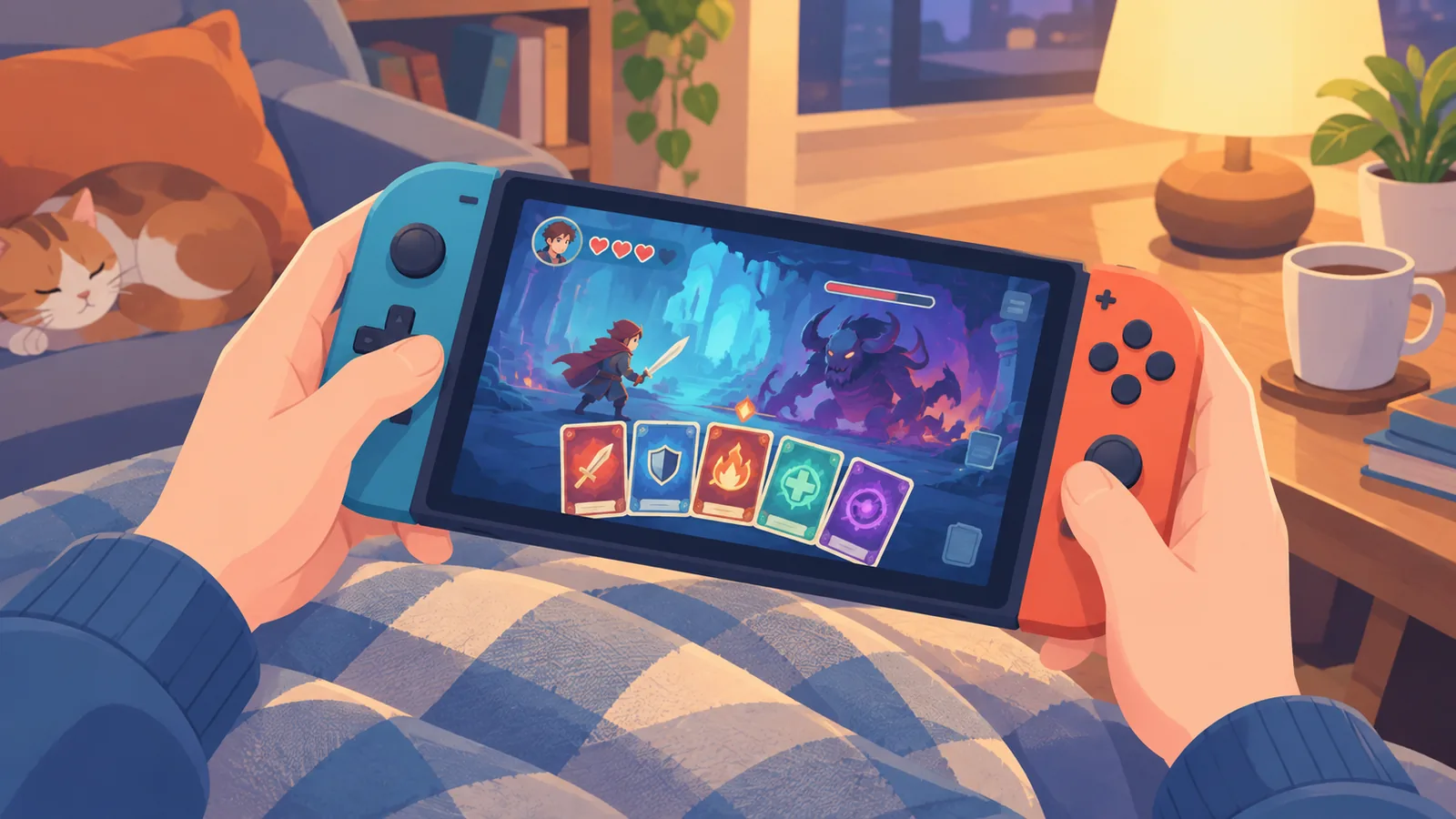 Handheld mit einem Deckbau-Roguelike, gehalten auf dem Sofa