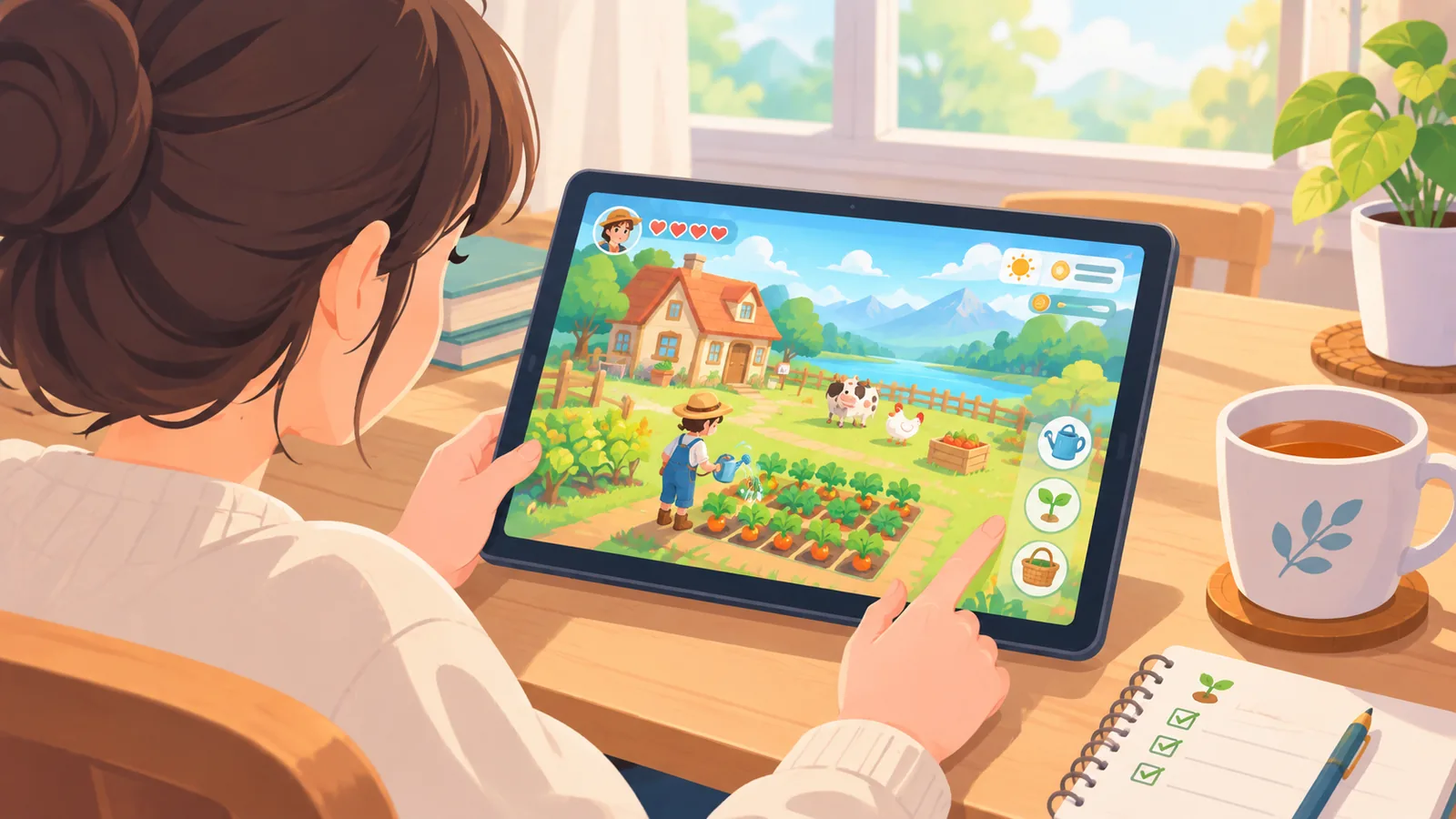 Entspannte Farming-Simulation auf dem Bildschirm neben einer Tasse Tee