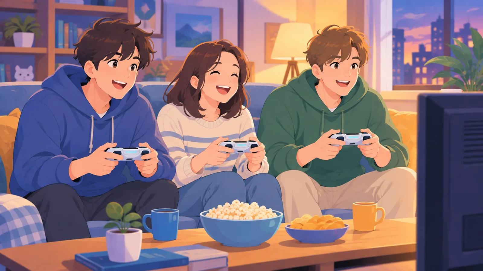 Drei Freunde spielen auf dem Sofa gemeinsam ein Koop-Spiel