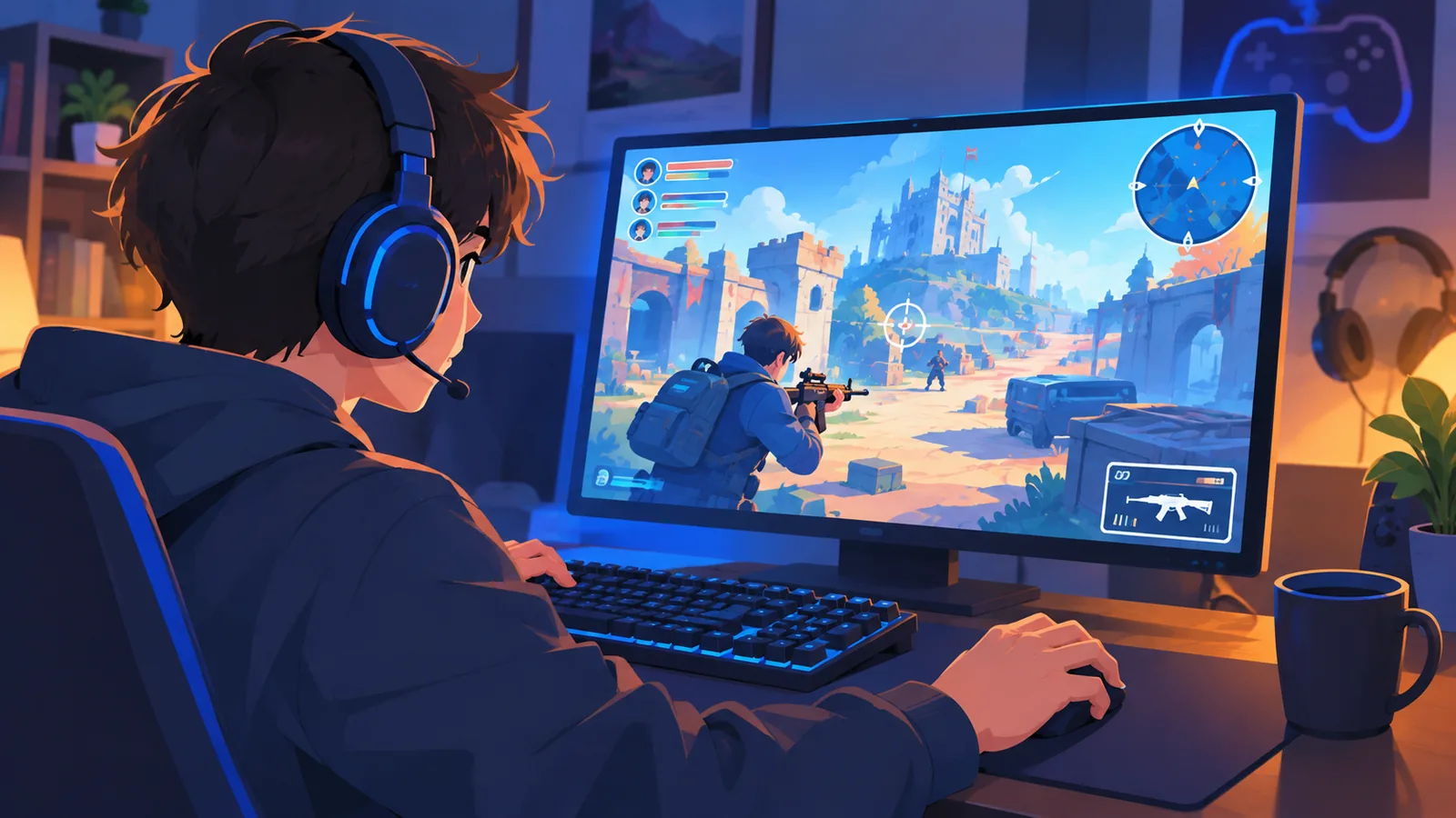 Spieler mit Headset vor leuchtendem Monitor bei einem Online-Shooter