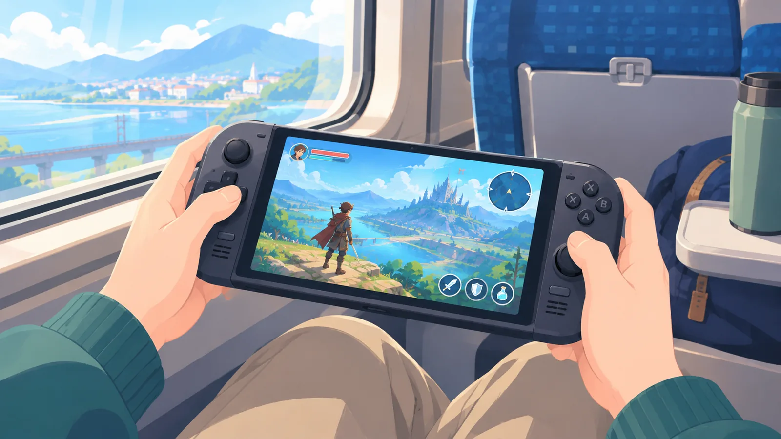 Handheld-PC im Zug, auf dem Bildschirm läuft ein Spiel
