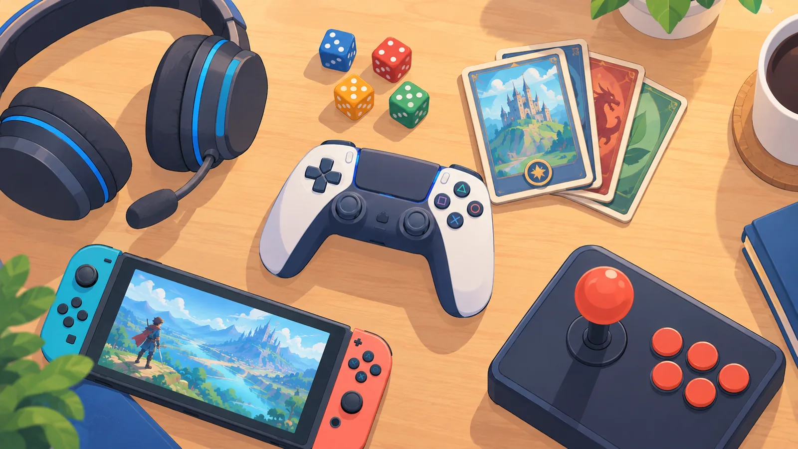 Würfel, Joystick, Spielkarten und Headset als Symbole für verschiedene Genres