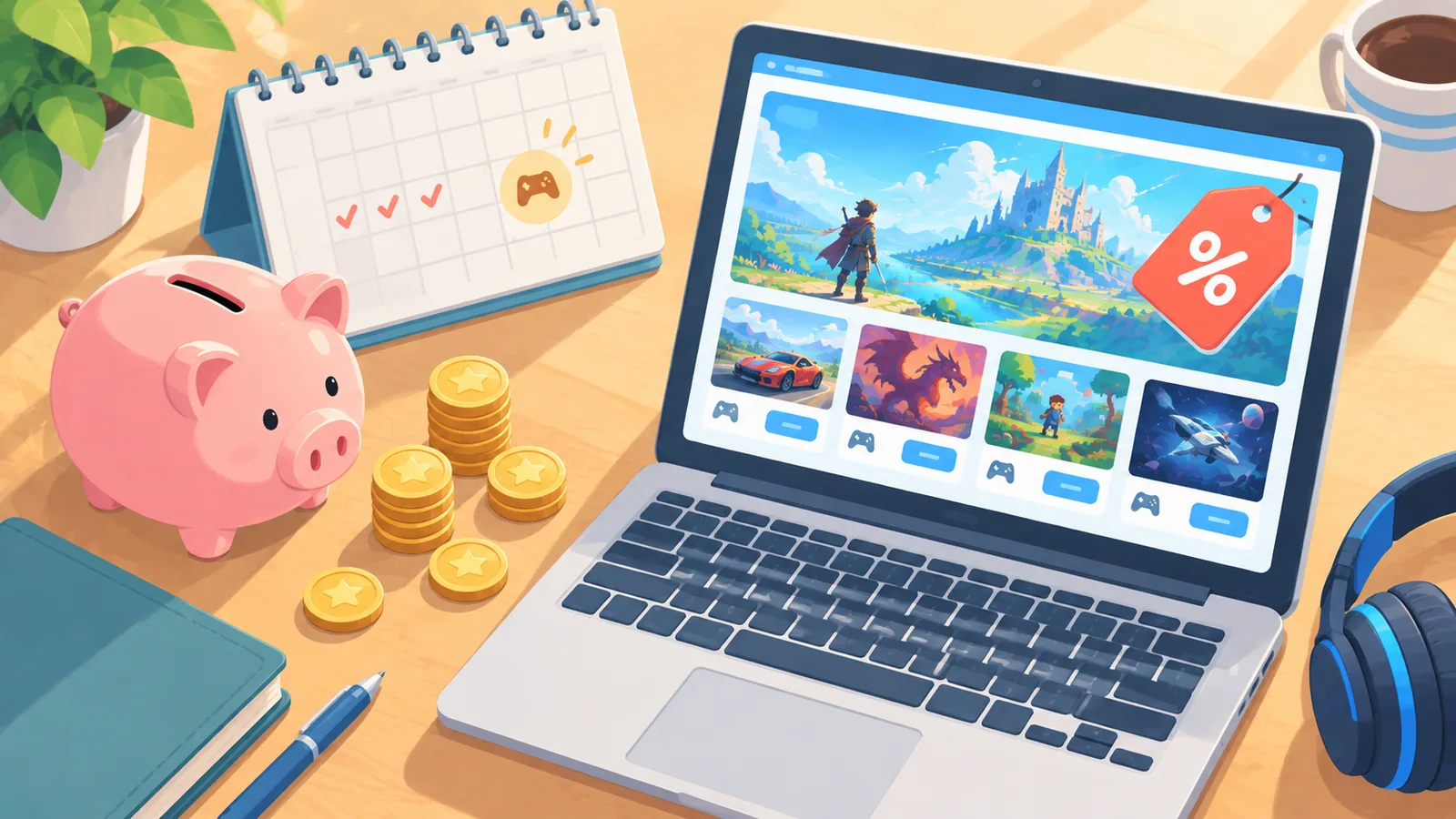 Kalender und Sparschwein neben einem Laptop mit Rabattseite