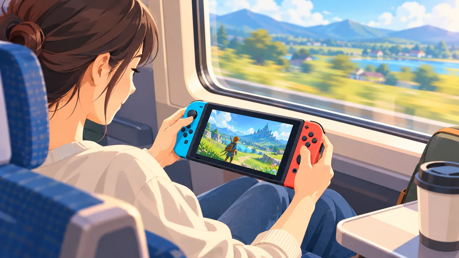 Person spielt in der Bahn auf einem Handheld