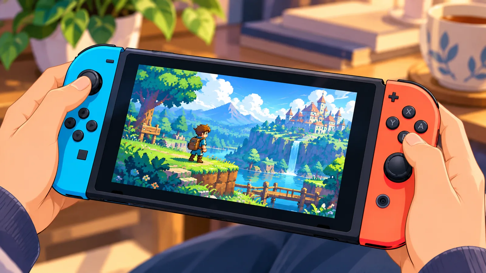 Bunte Indie-Spiele auf dem Bildschirm eines Handhelds