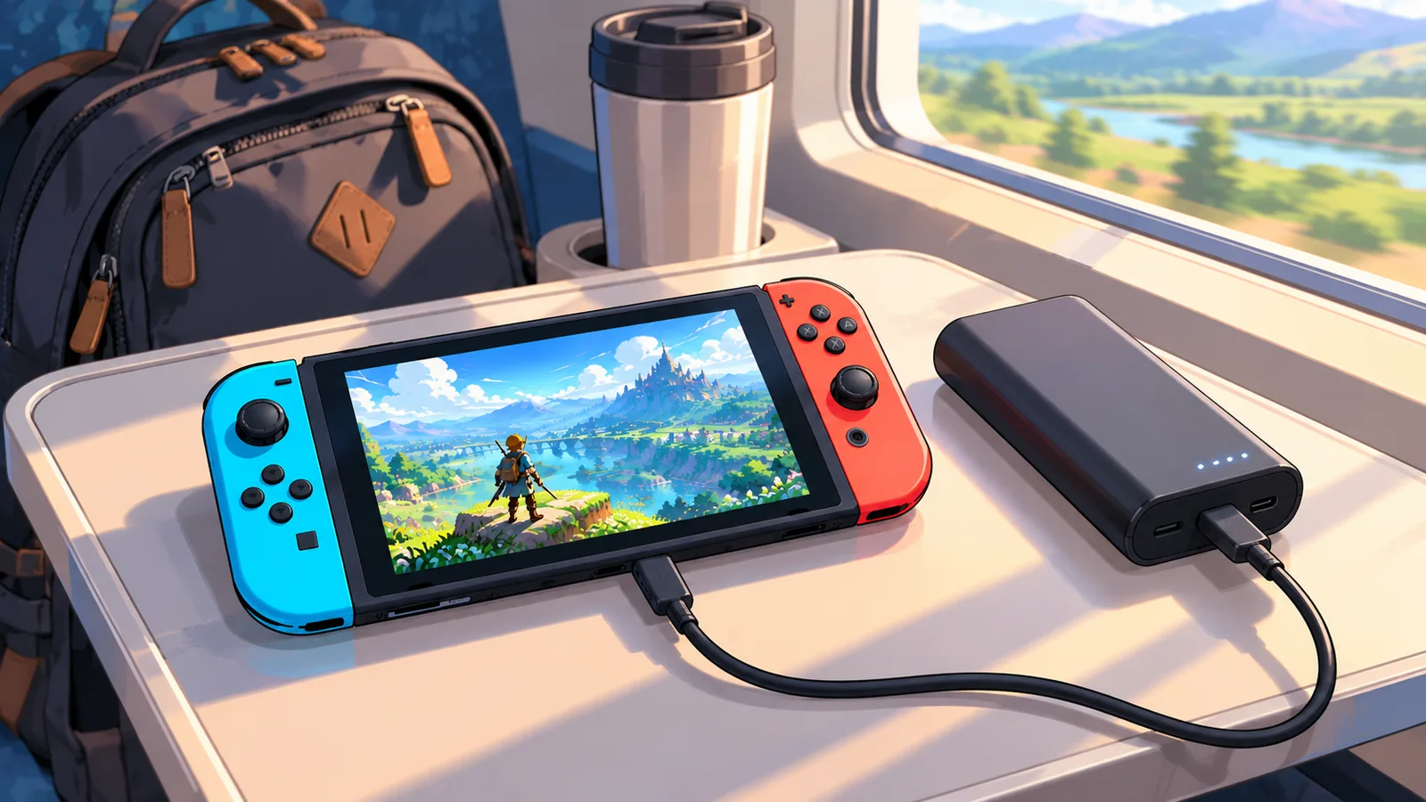 Steam Deck mit Ladekabel und Powerbank auf einem Reisetisch